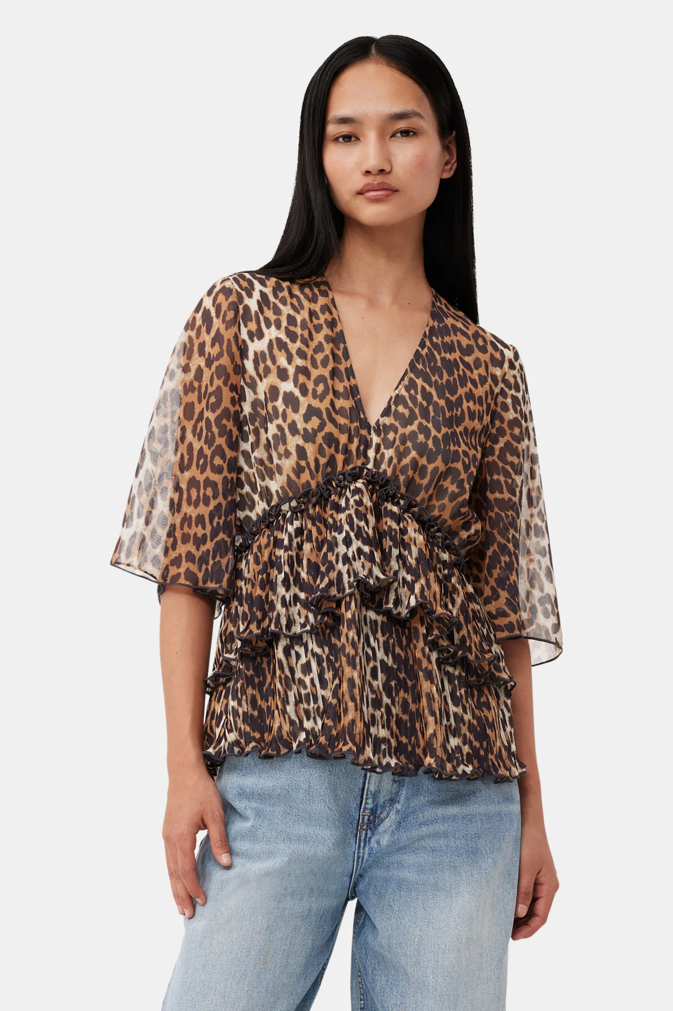 Leopard Pleated Georgette V-Neck Flounce Blouse | Almond Milk - Image 3