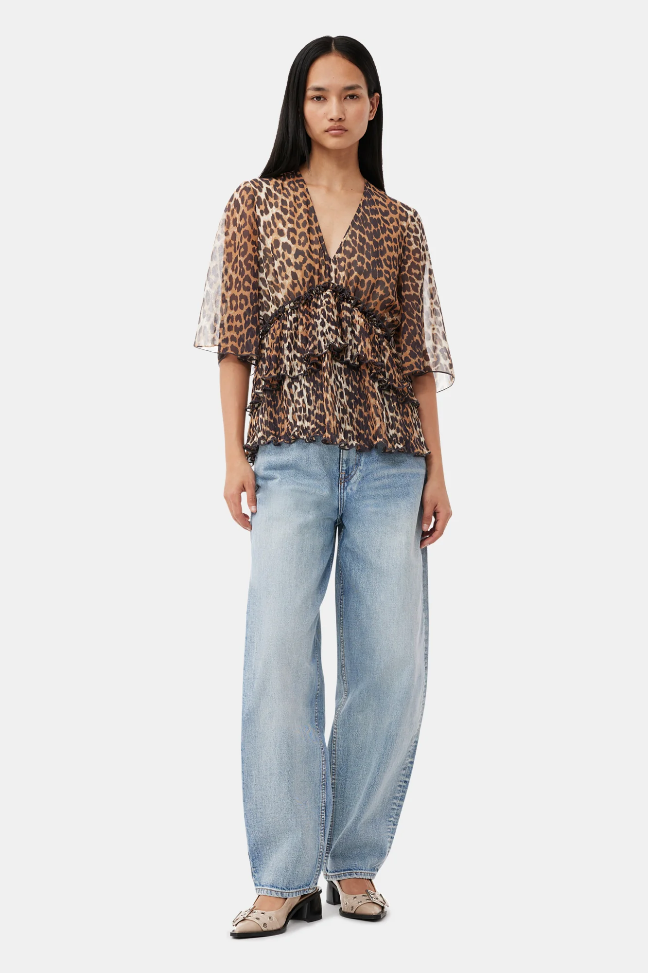 Leopard Pleated Georgette V-Neck Flounce Blouse | Almond Milk - Image 4