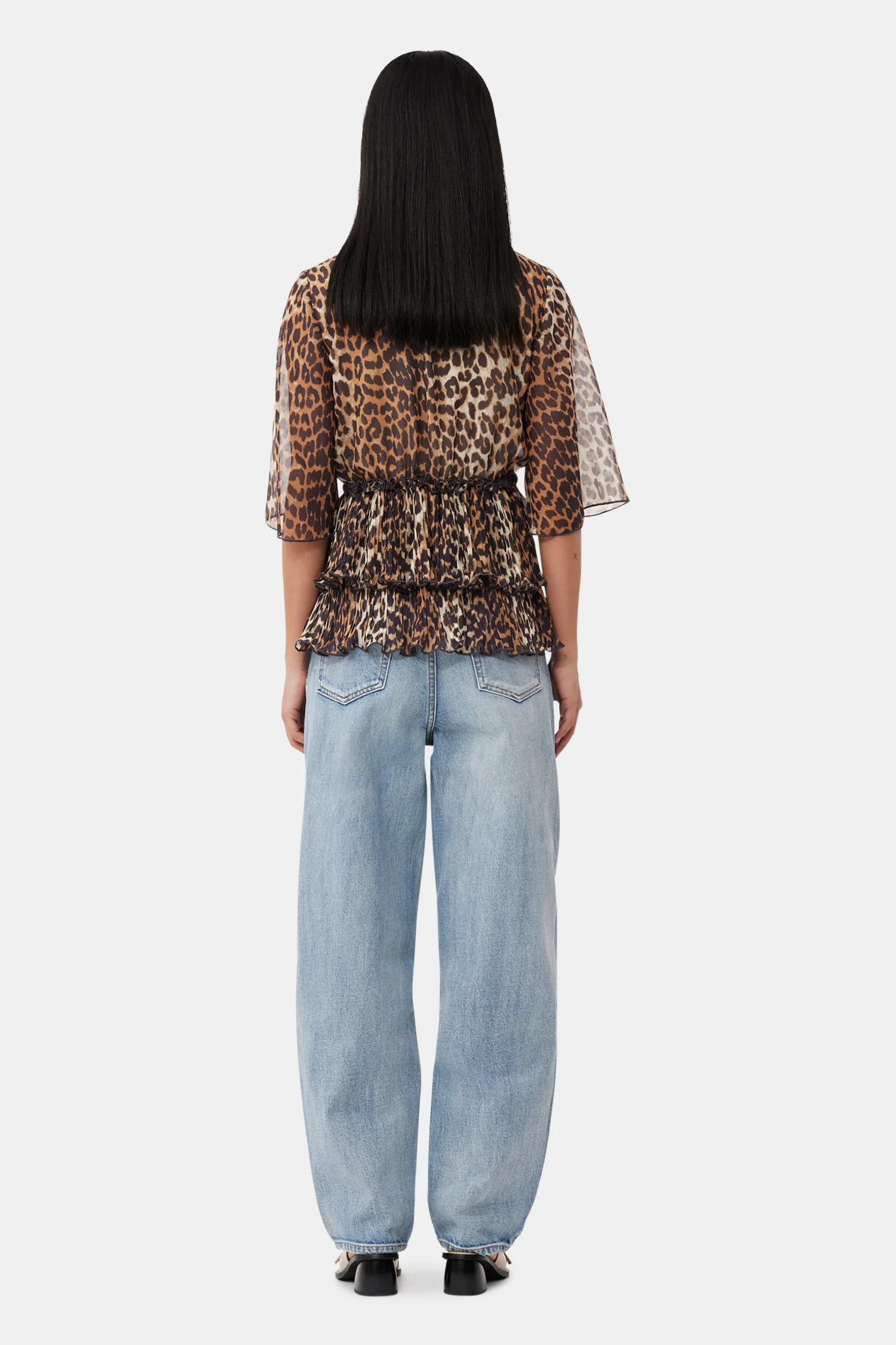 Leopard Pleated Georgette V-Neck Flounce Blouse | Almond Milk - Image 5