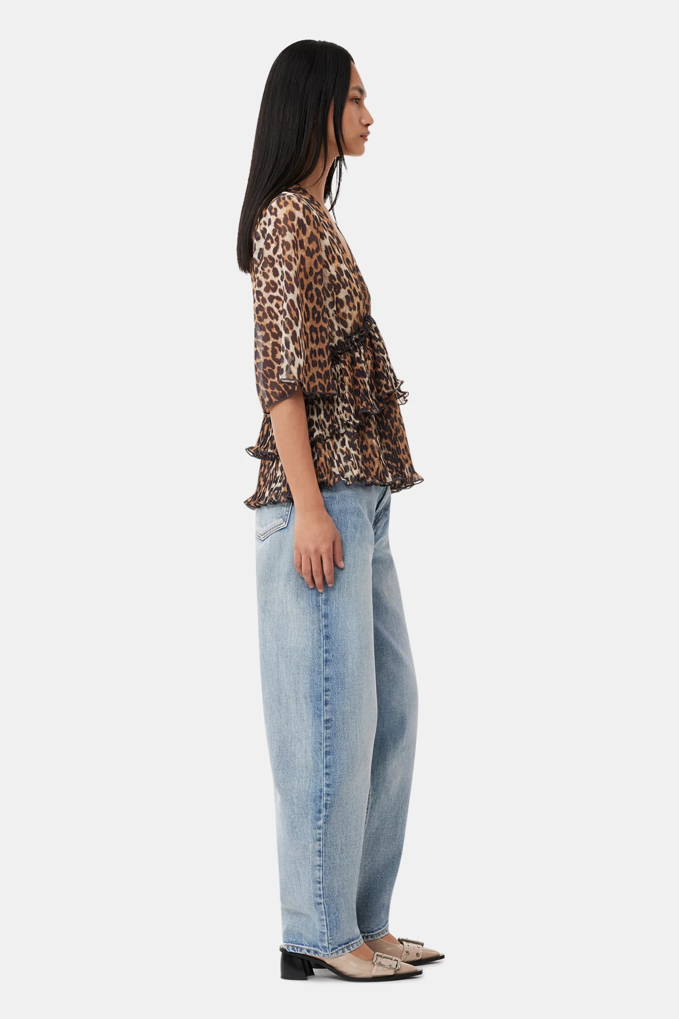 Leopard Pleated Georgette V-Neck Flounce Blouse | Almond Milk - Image 6