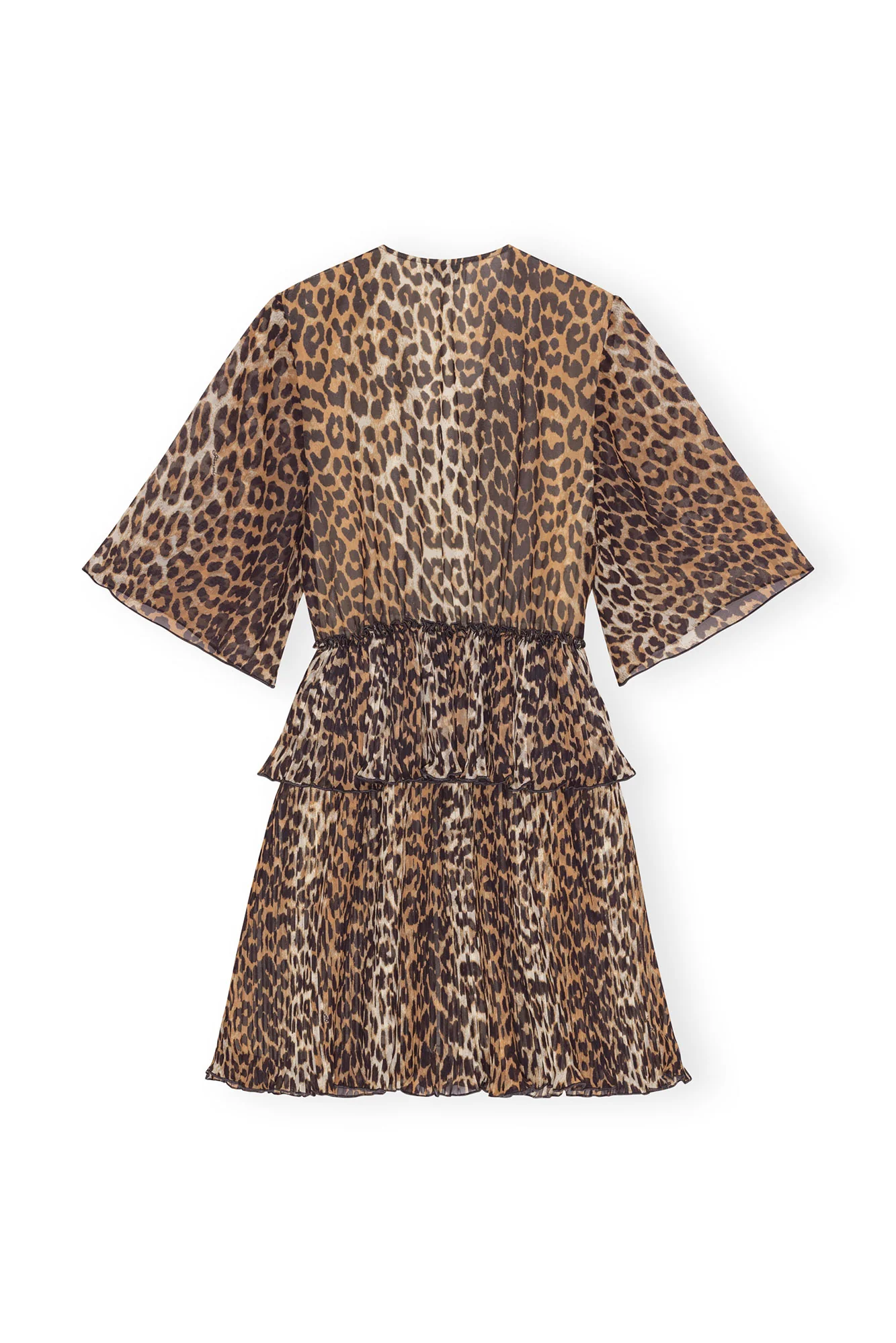 Leopard Pleated Georgette V-Neck Flounce Mini Dress | Almond Milk - Image 2