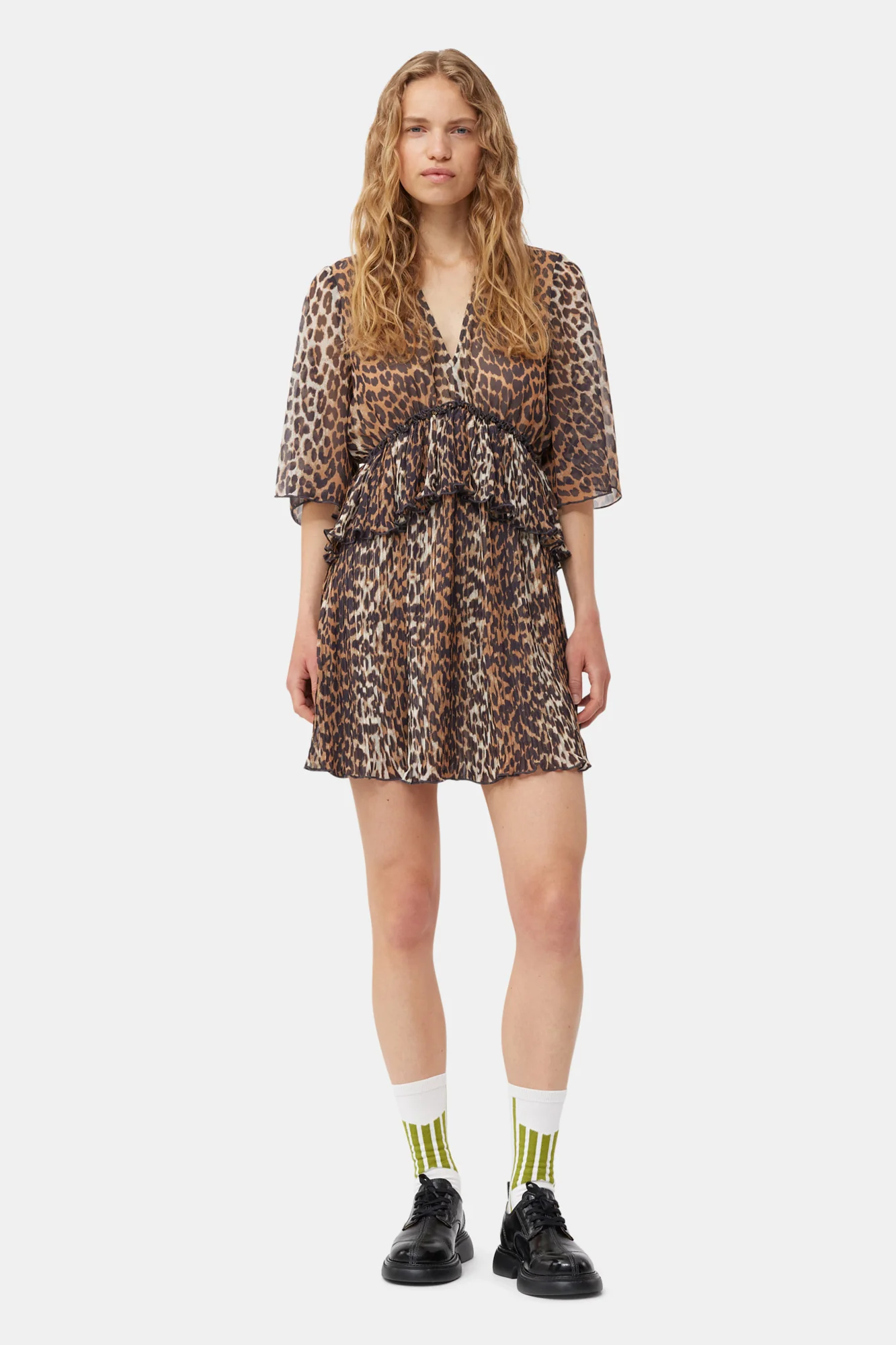 Leopard Pleated Georgette V-Neck Flounce Mini Dress | Almond Milk - Image 3