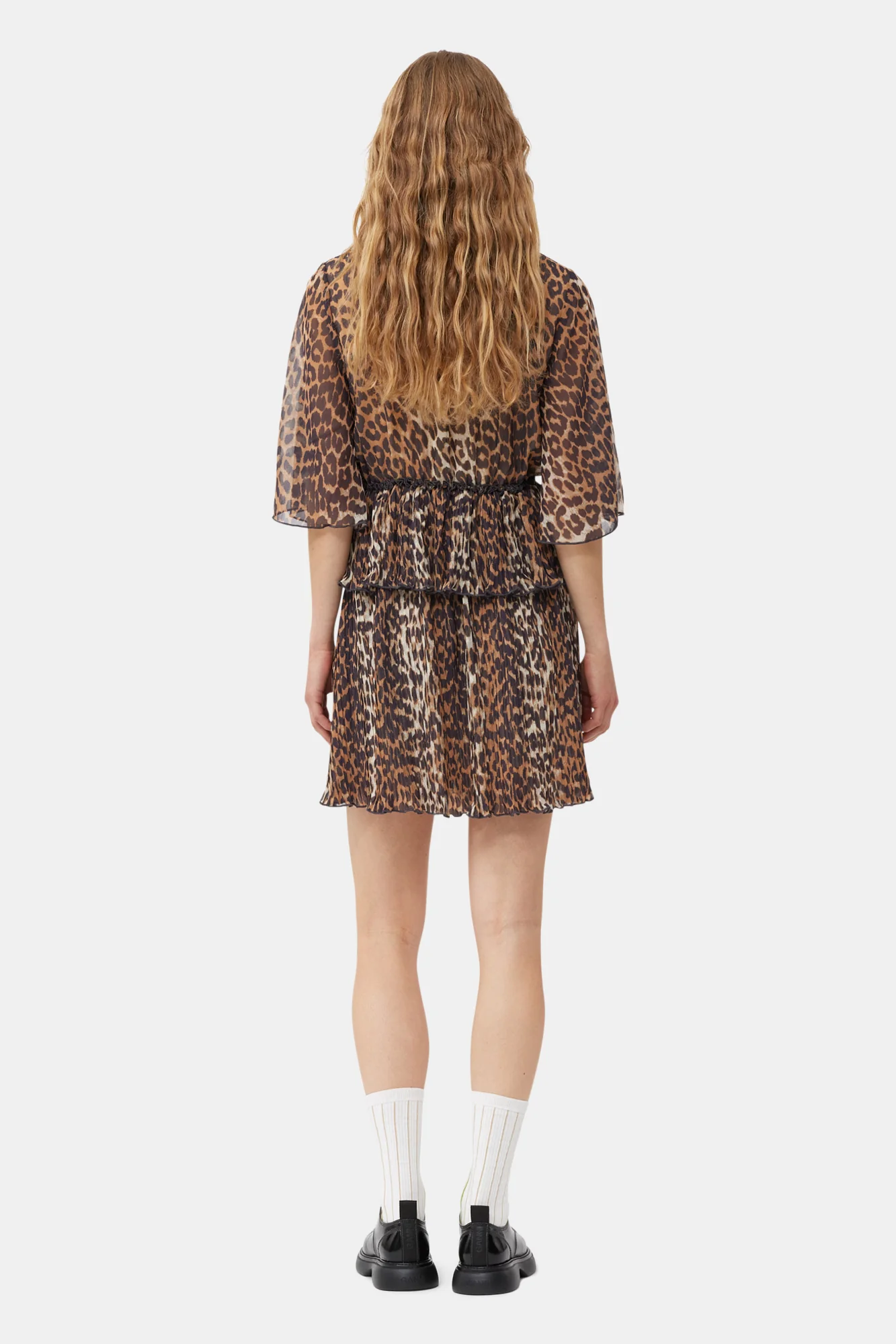 Leopard Pleated Georgette V-Neck Flounce Mini Dress | Almond Milk - Image 4