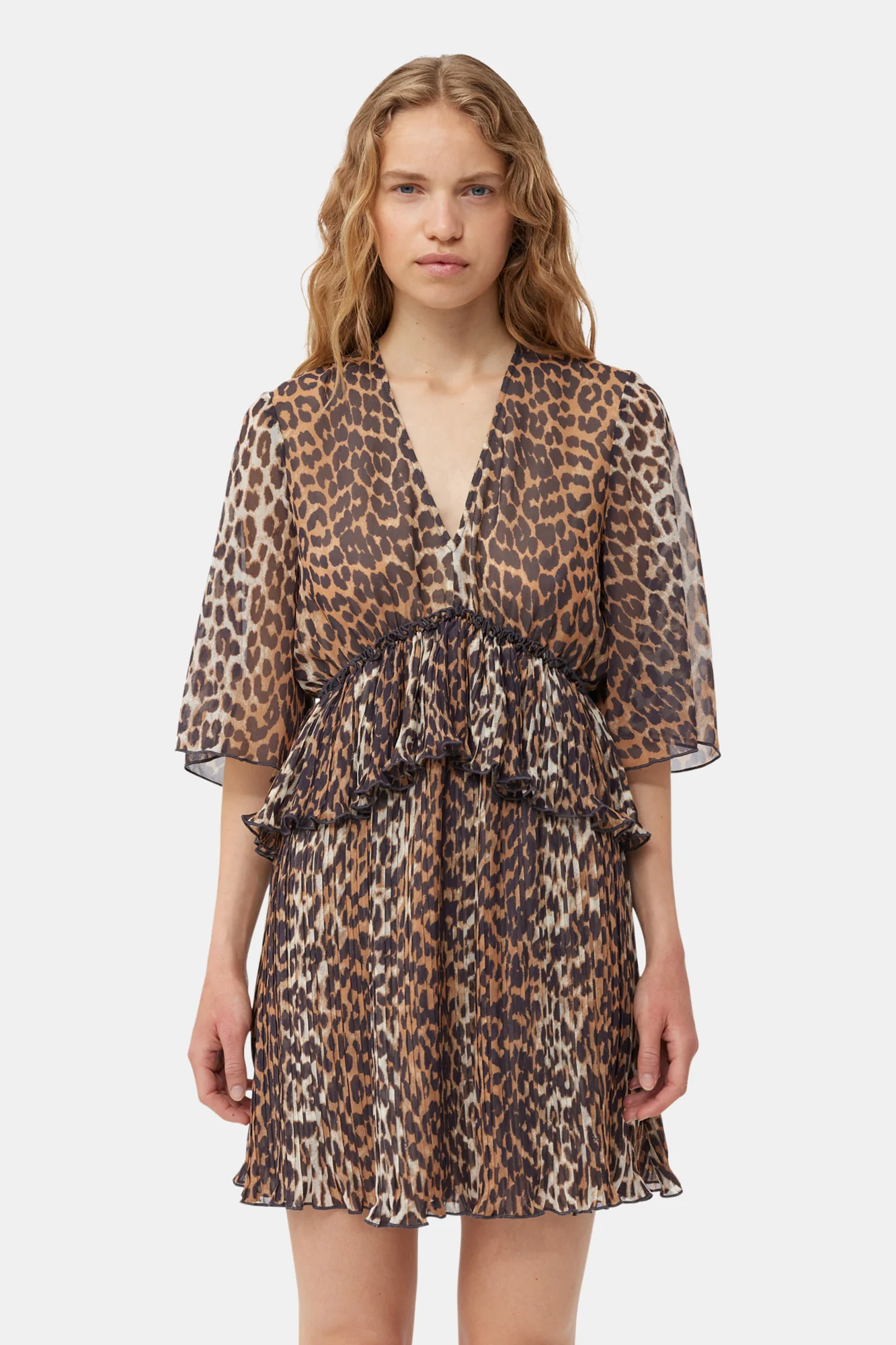 Leopard Pleated Georgette V-Neck Flounce Mini Dress | Almond Milk - Image 6