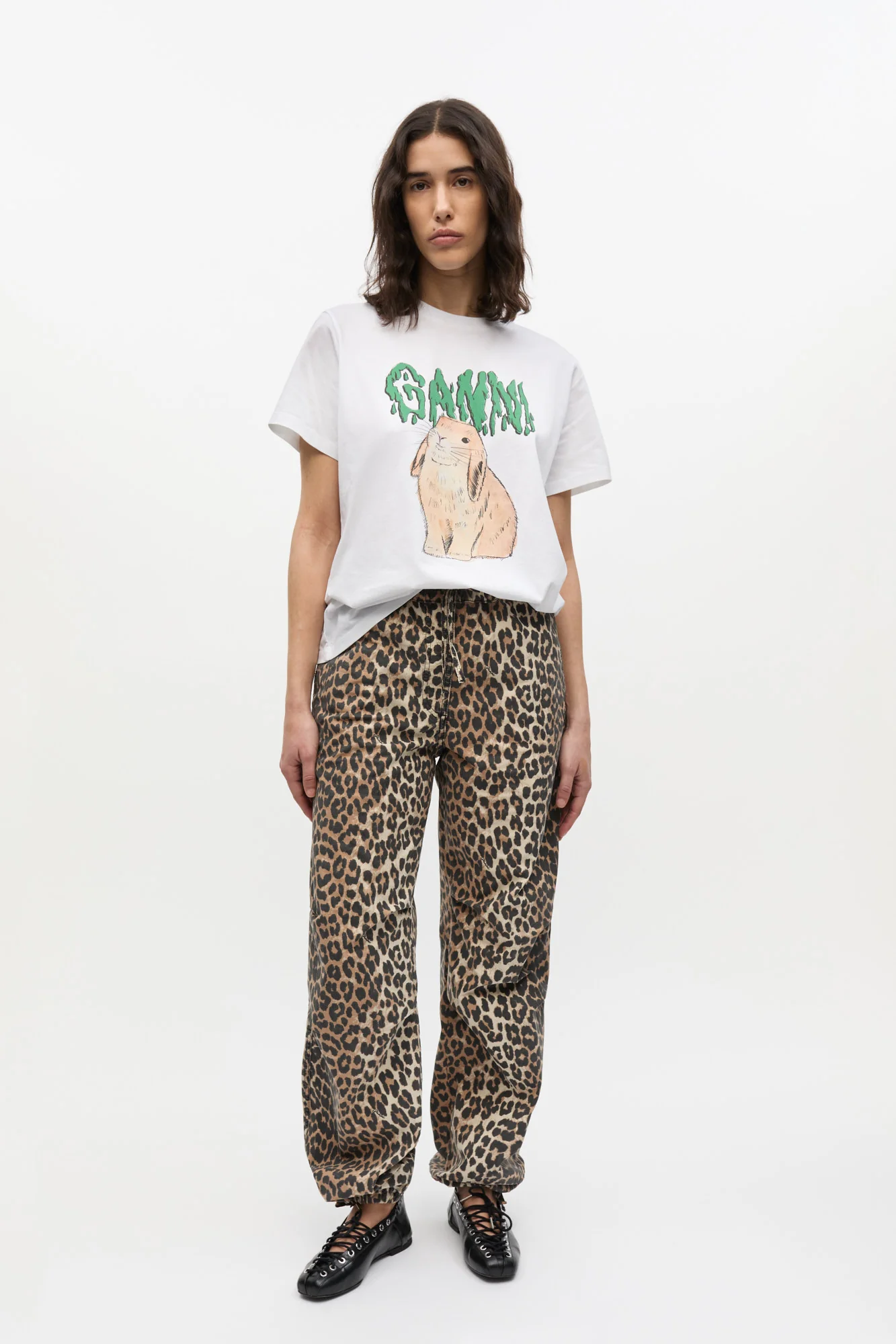 Leopard Washed Cotton Canvas Drawstring Trousers | Almond Milk - Image 3