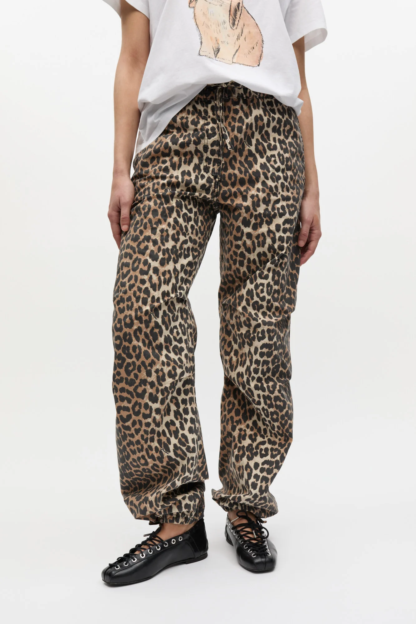Leopard Washed Cotton Canvas Drawstring Trousers | Almond Milk - Image 4