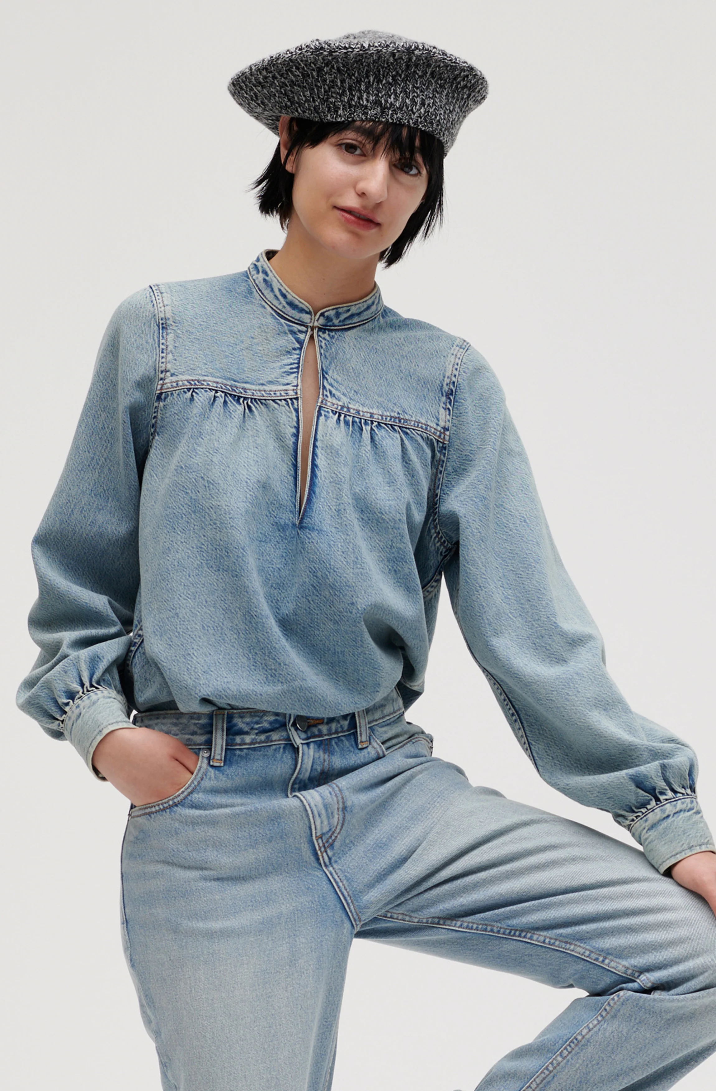 Light Denim Gathered Loose Blouse | Tint Wash - Image 2