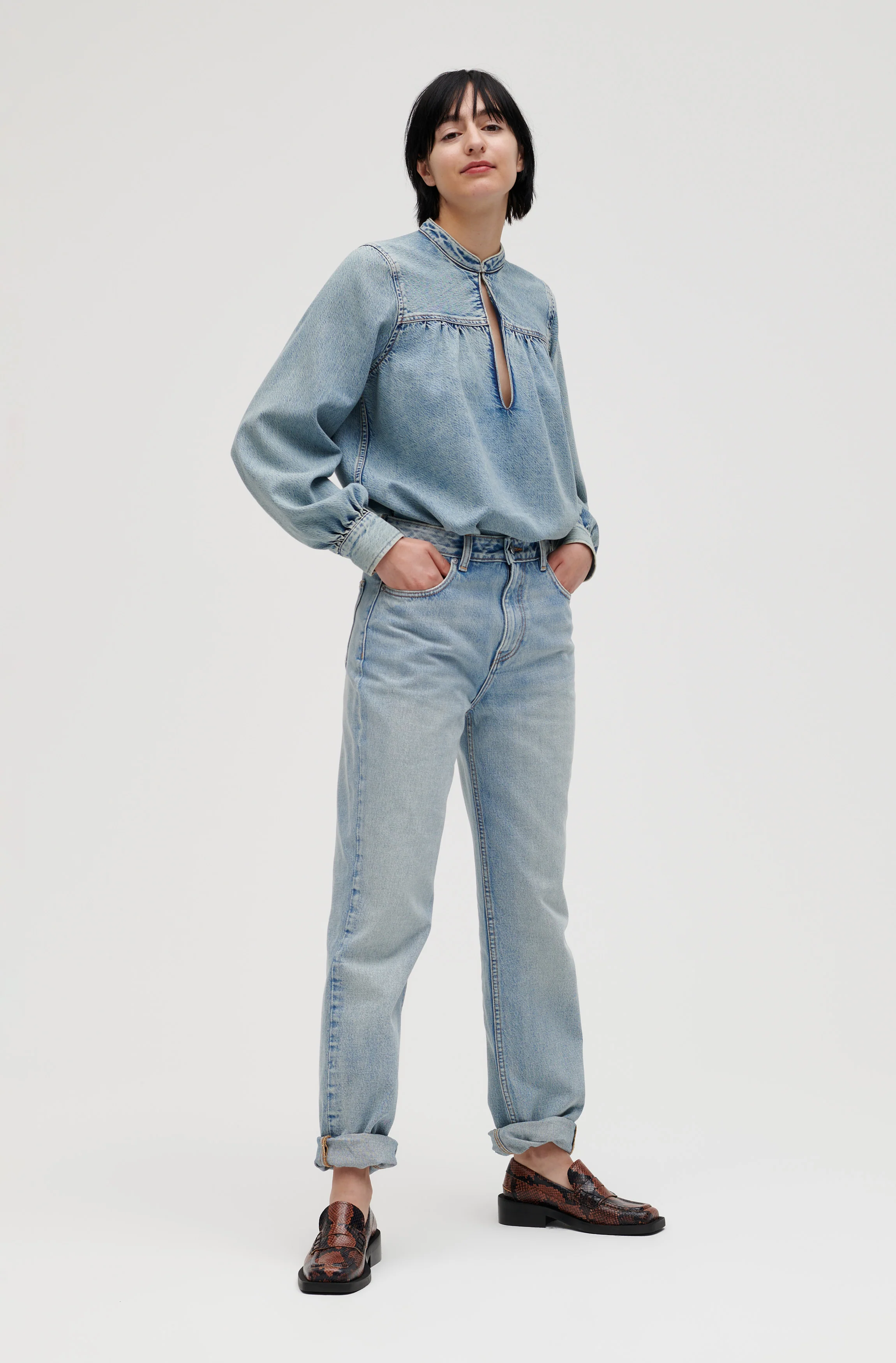 Light Denim Gathered Loose Blouse | Tint Wash - Image 4