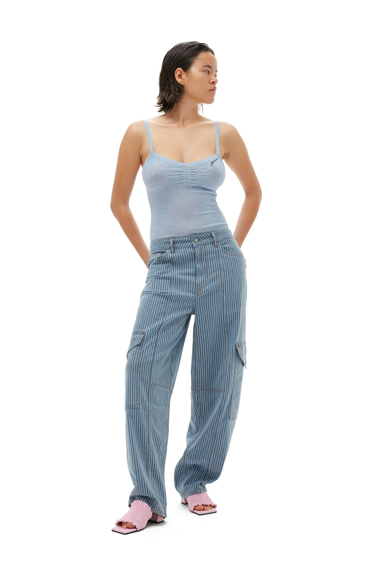 Light Stripe Denim Cargo Pants | Mid Blue Stone - Image 3