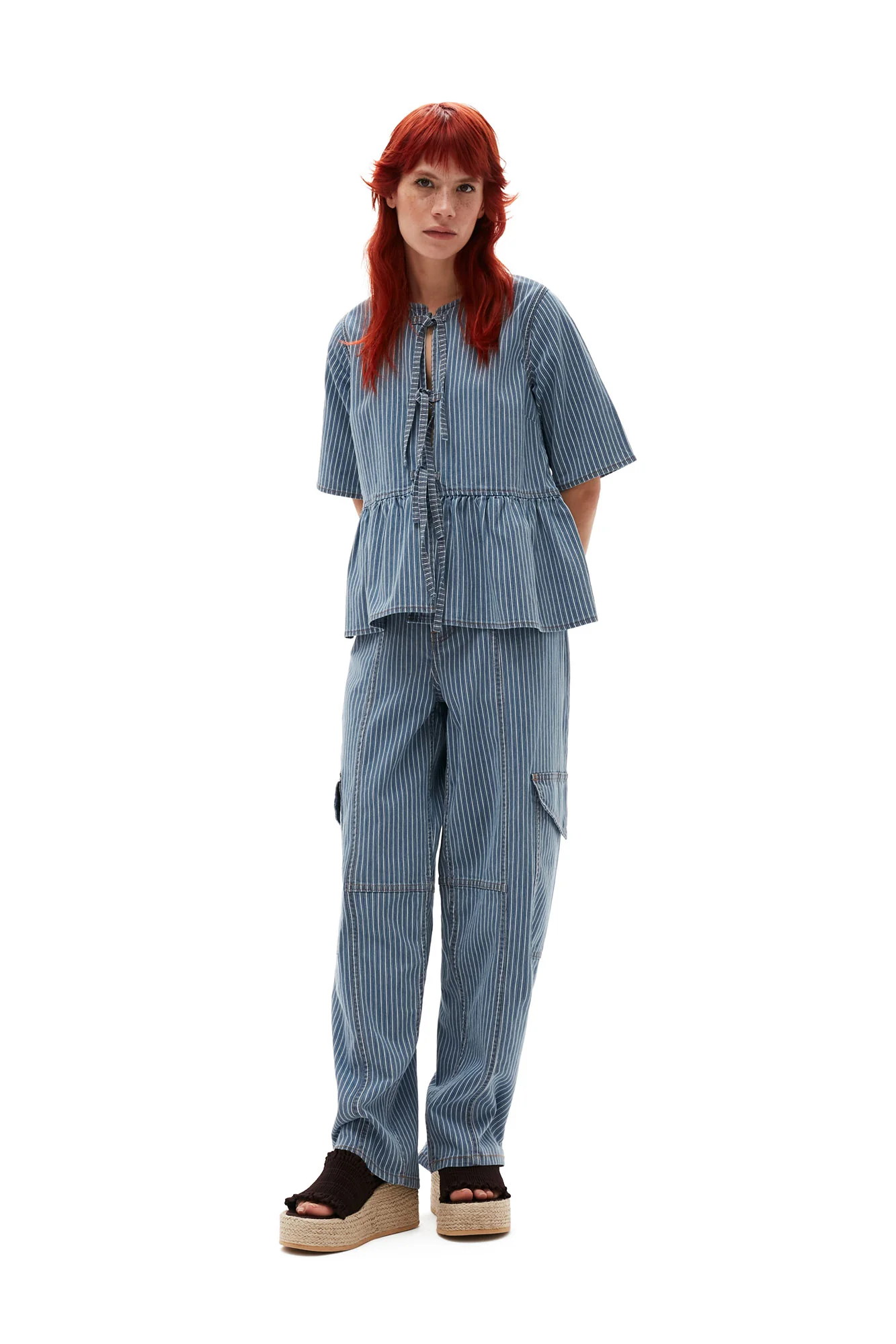 Light Stripe Denim Cargo Pants | Mid Blue Stone - Image 5