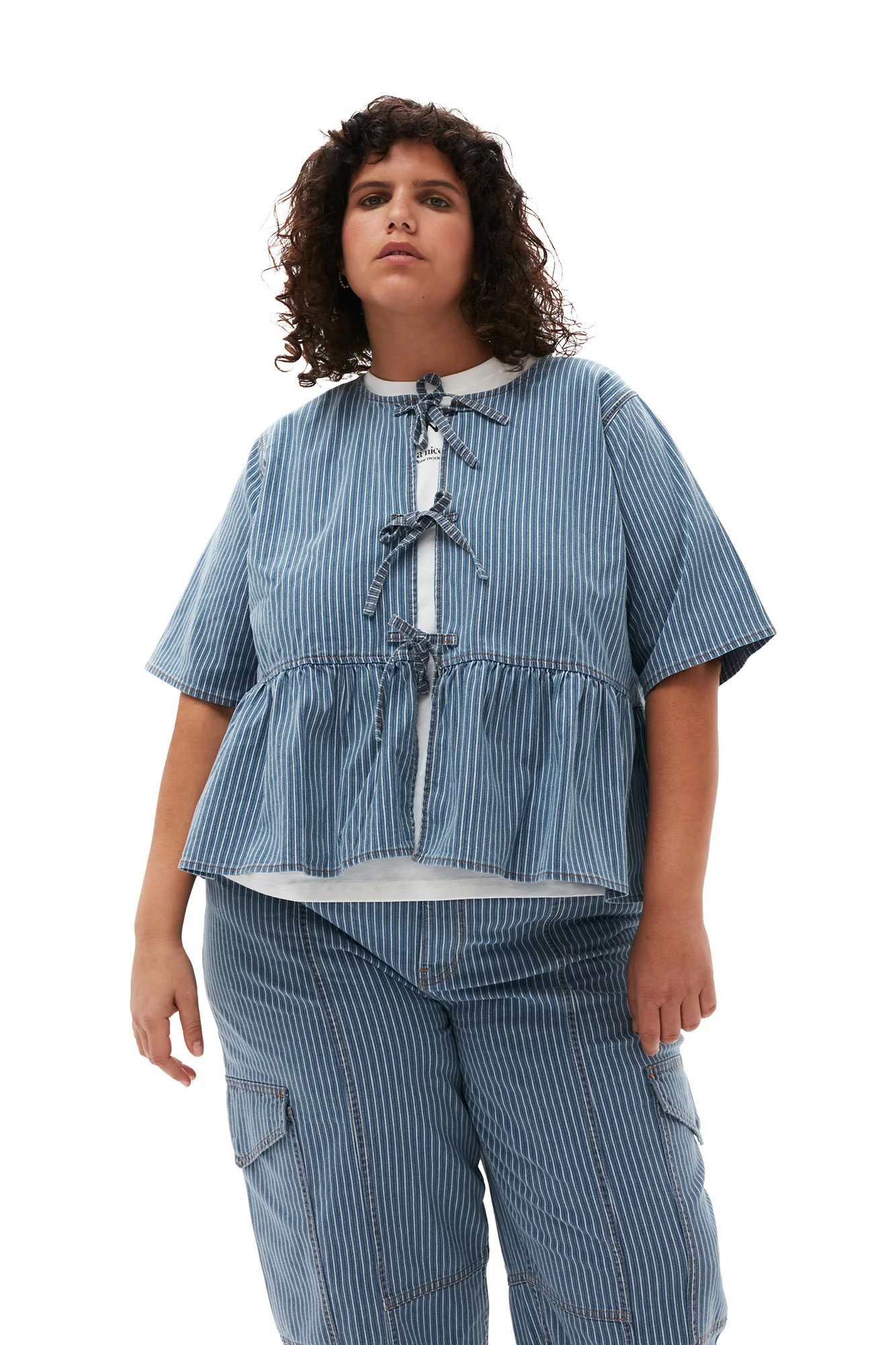 Light Stripe Denim Cargo Pants | Mid Blue Stone - Image 9