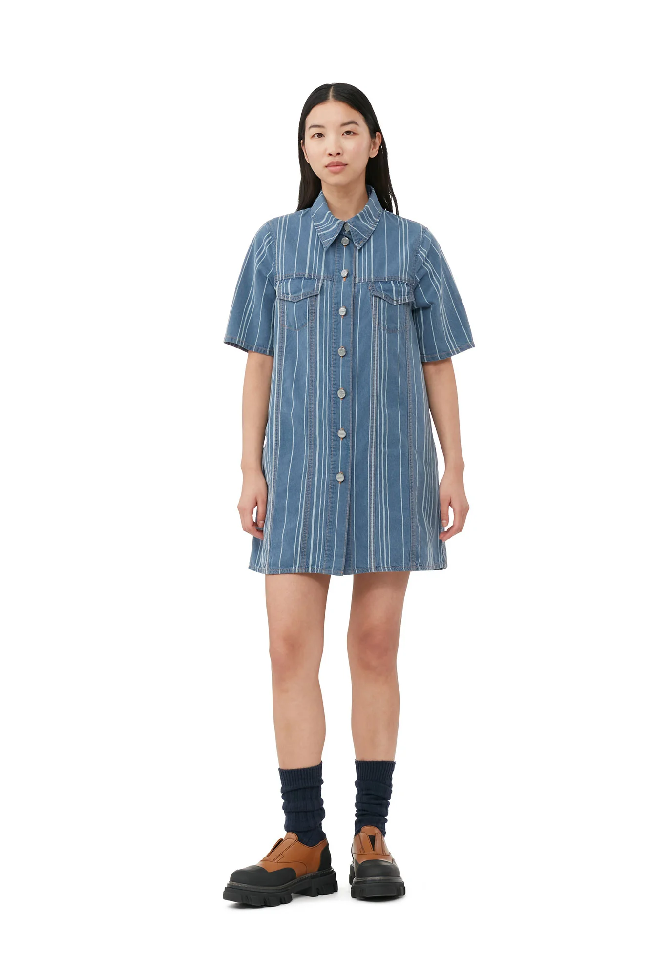 Light Stripe Denim Mini Dress | Mid Blue Stone - Image 3