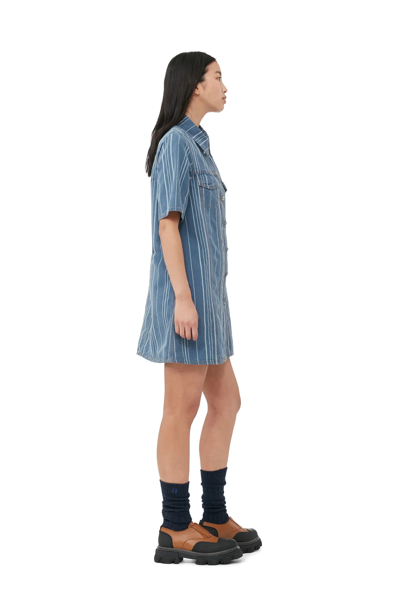 Light Stripe Denim Mini Dress | Mid Blue Stone - Image 4