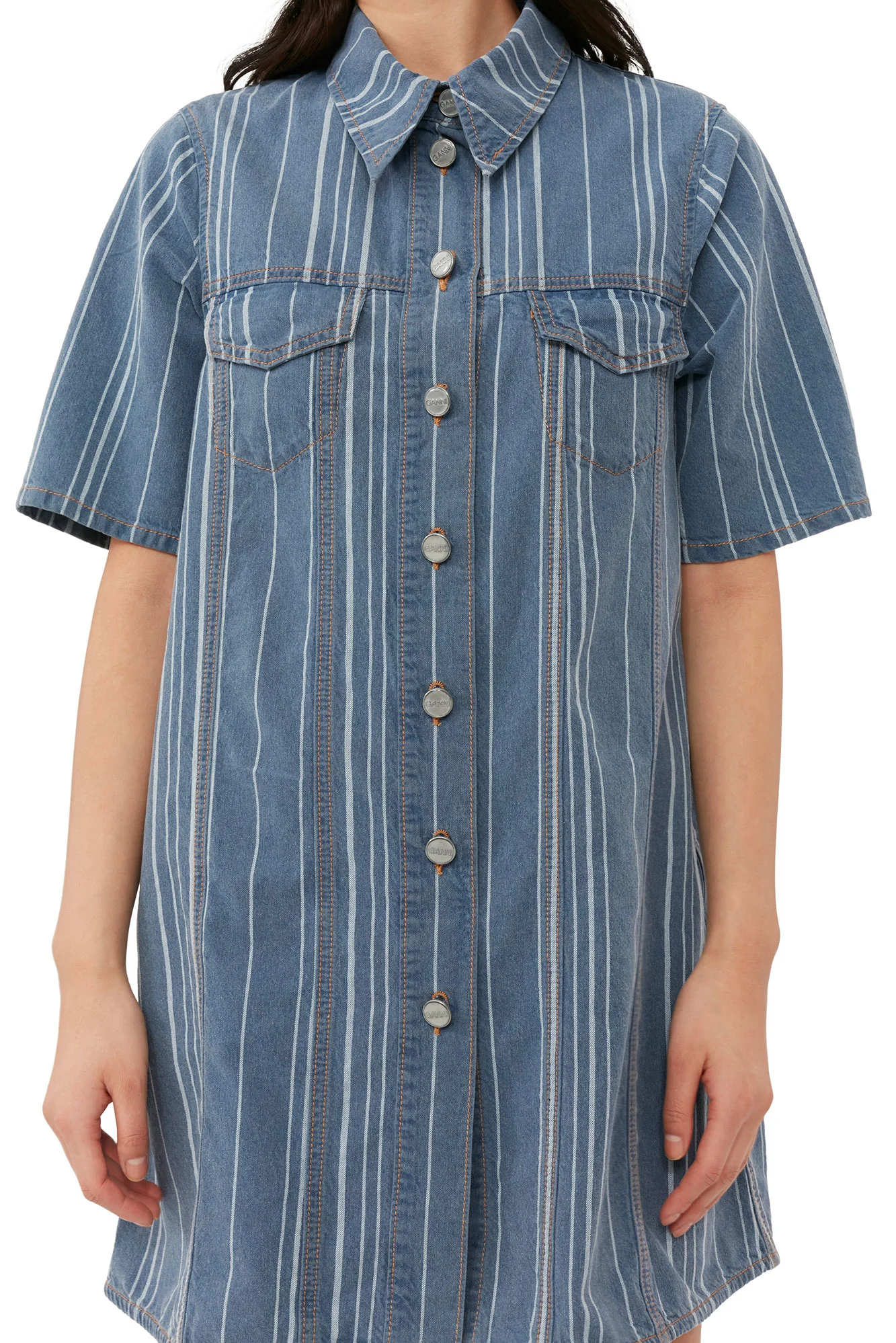 Light Stripe Denim Mini Dress | Mid Blue Stone - Image 6