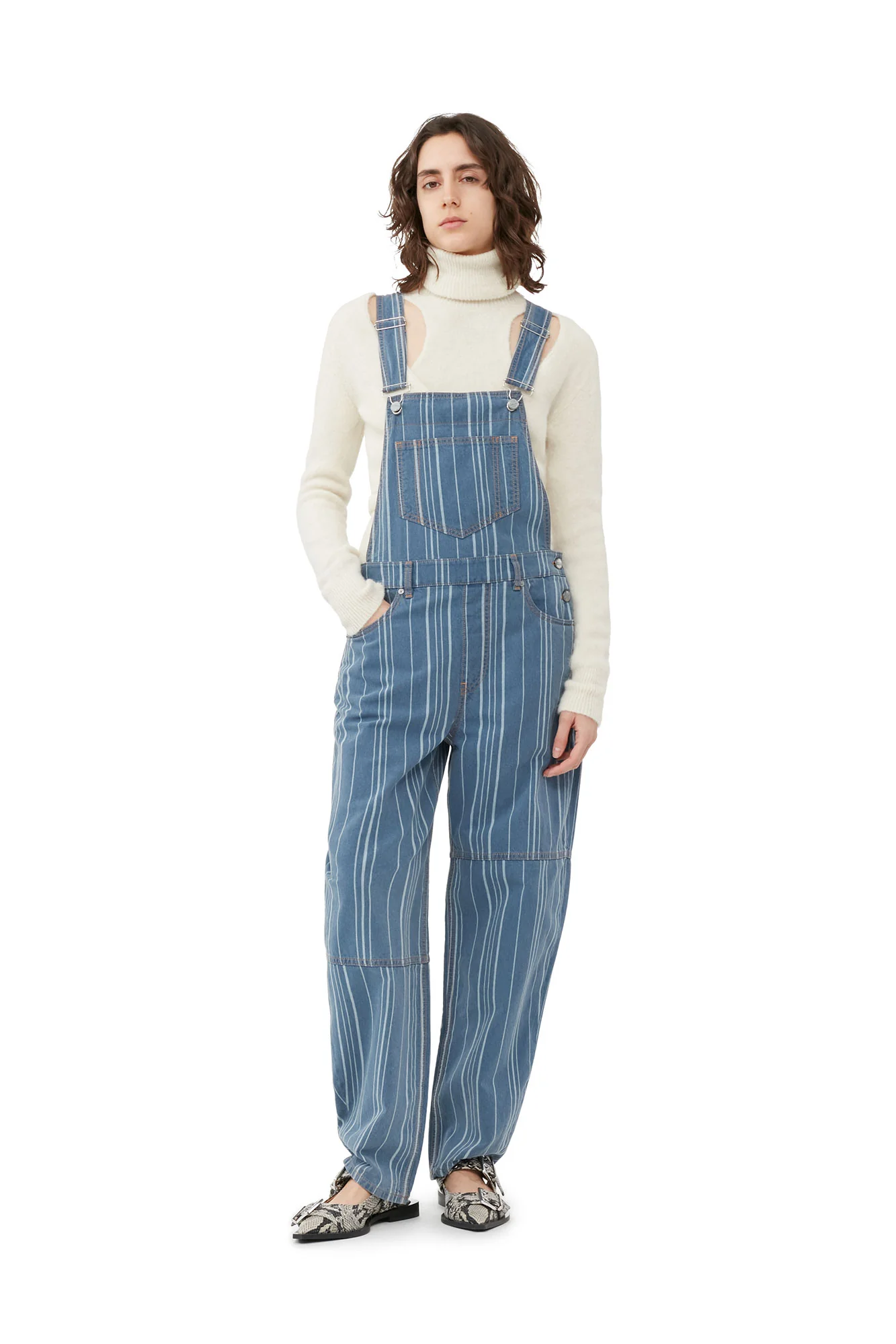 Light Stripe Denim Overalls | Mid Blue Stone - Image 3