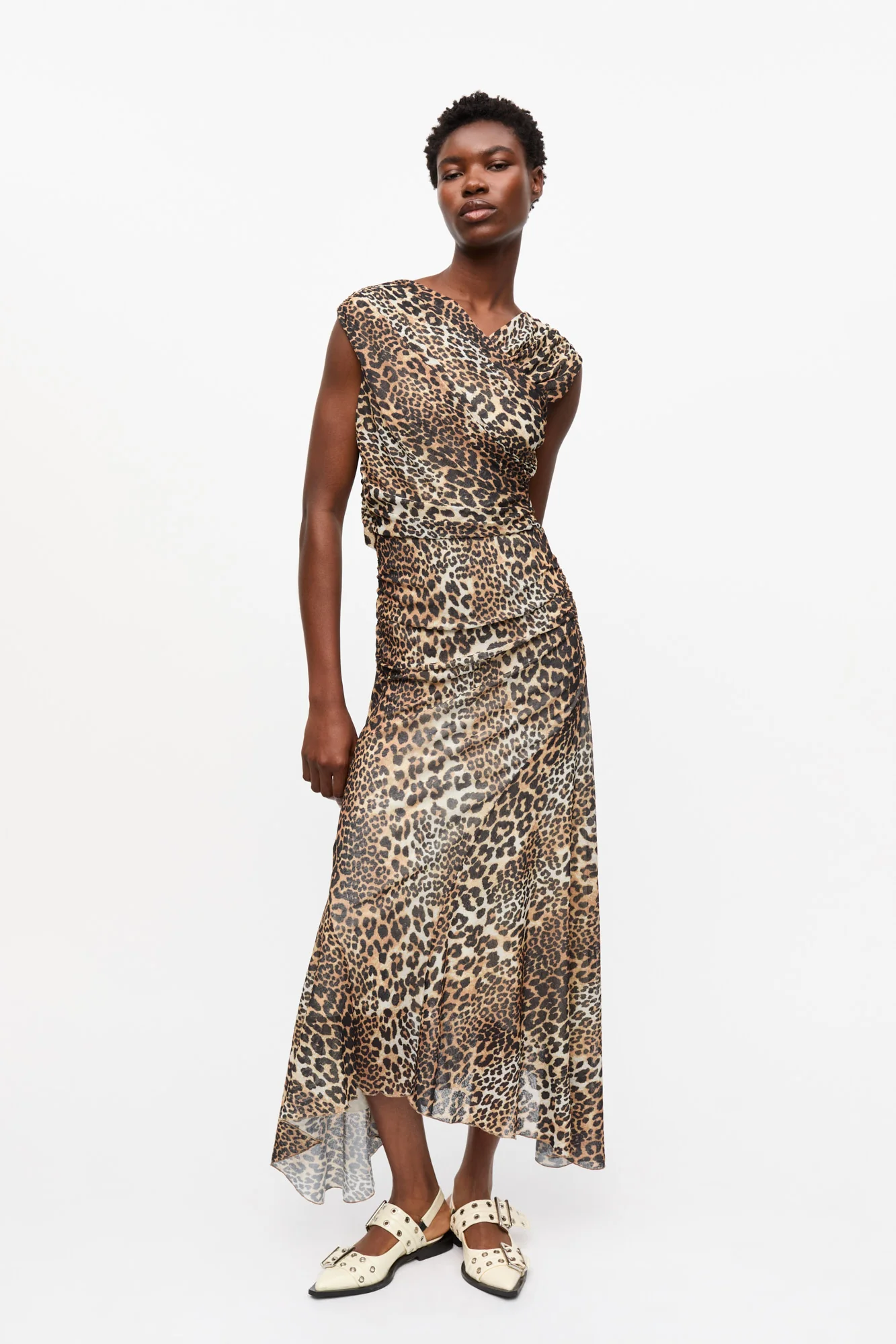 Marl Mesh Long Ruched Crossover Dress | Leopard - Image 3