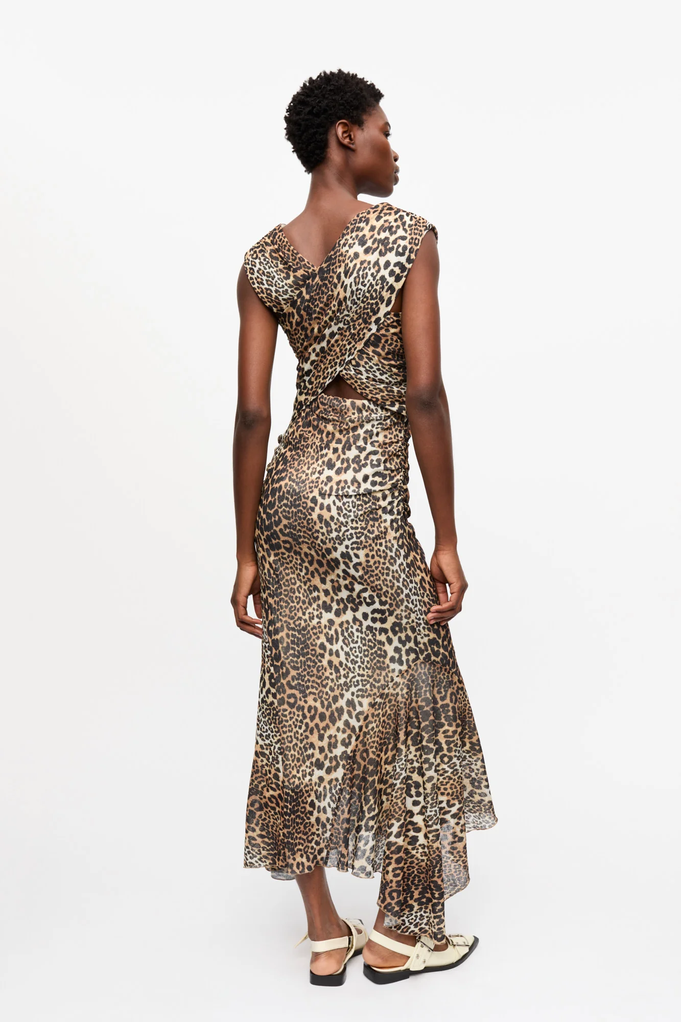 Marl Mesh Long Ruched Crossover Dress | Leopard - Image 4