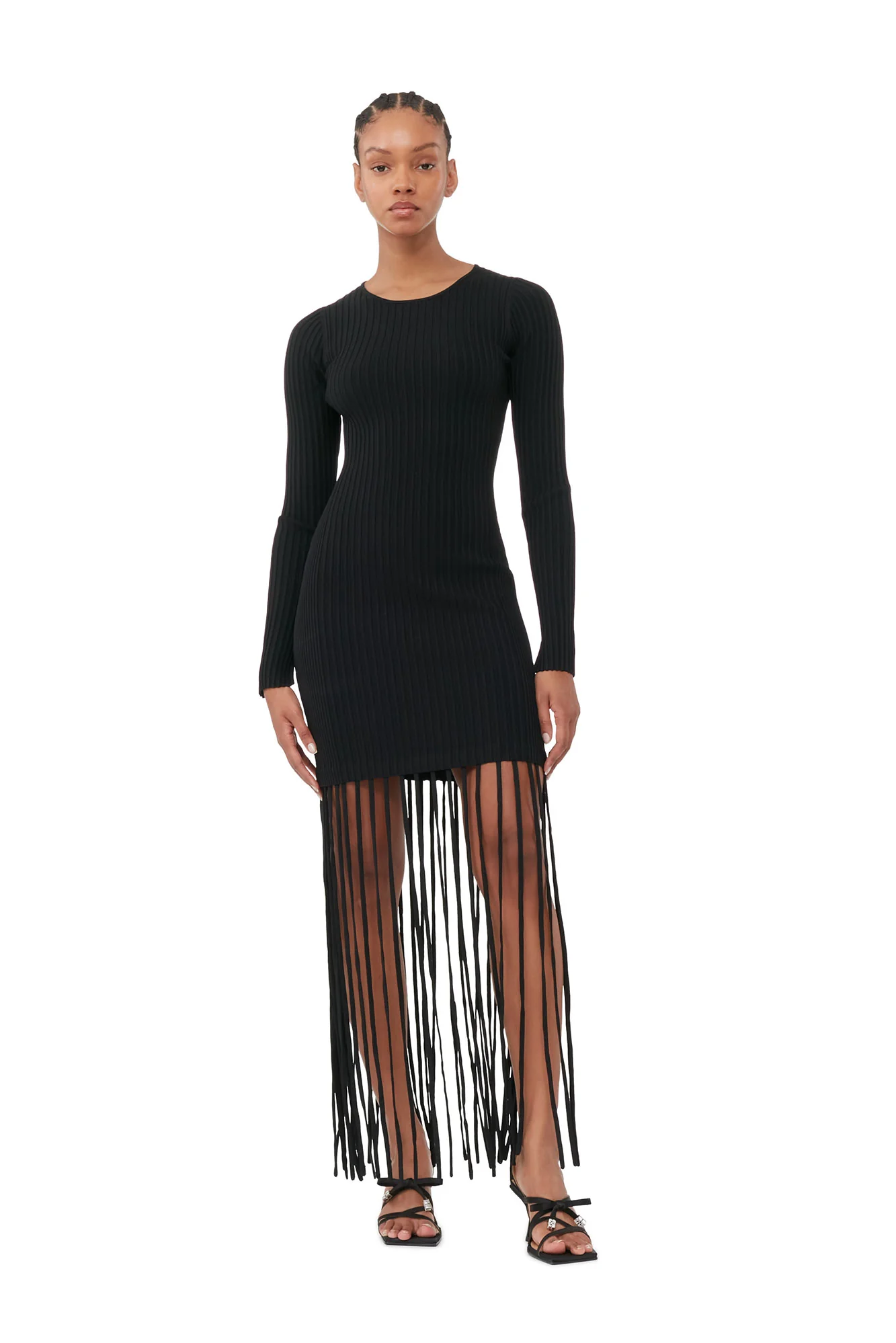 Melange Knit Fringe Mini Dress | Black - Image 3