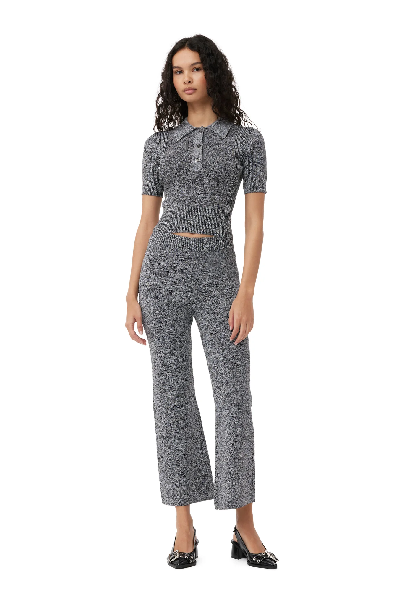 Melange Rib Cropped Trousers | Black - Image 3