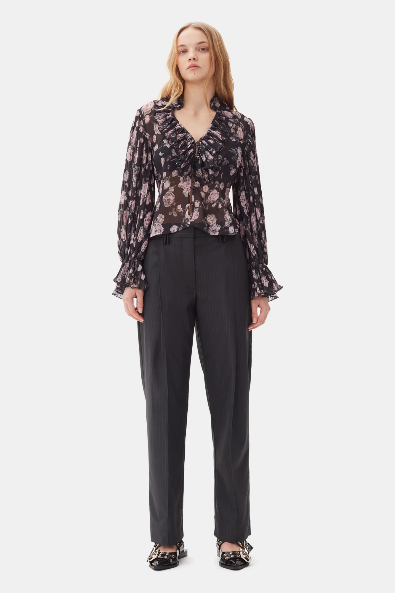 Melange Stripe Suiting Relaxed Pleated Pants | Phantom - Image 3
