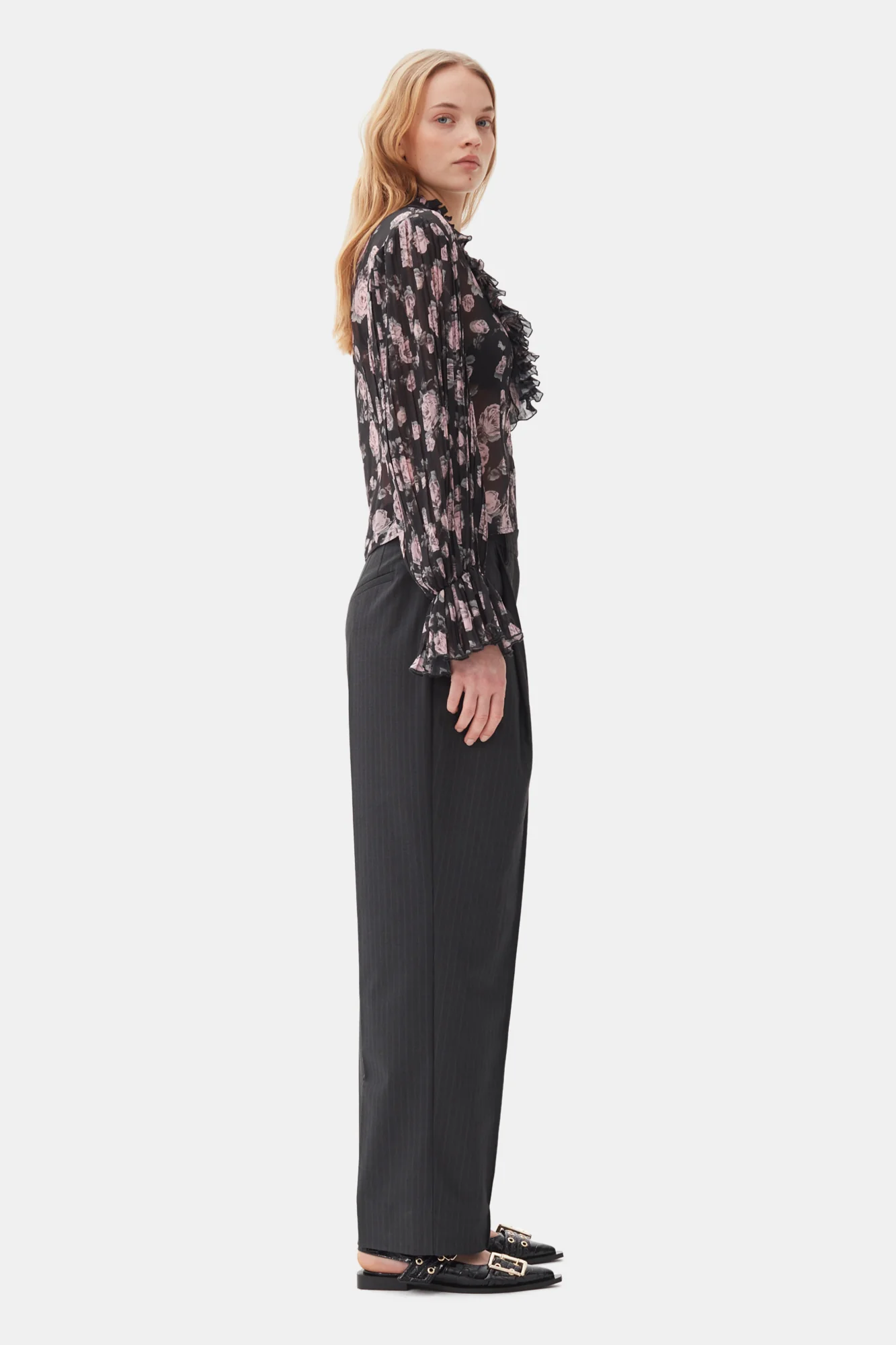 Melange Stripe Suiting Relaxed Pleated Pants | Phantom - Image 4
