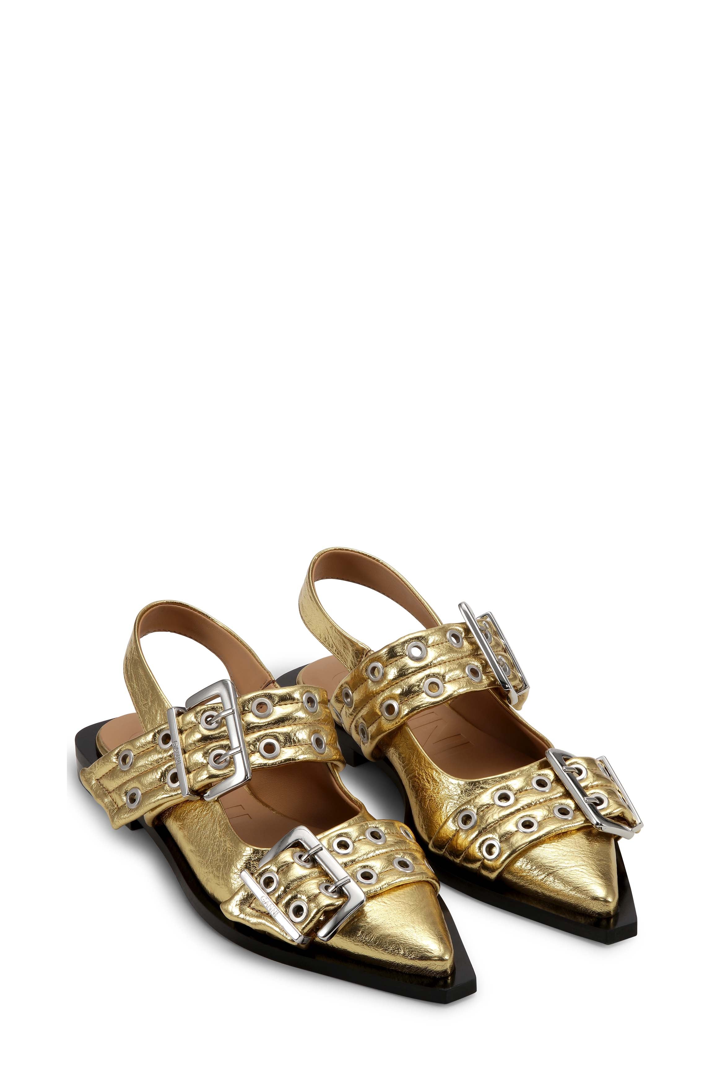 Metallic Feminine Buckle Ballerinas | Gold - Image 2