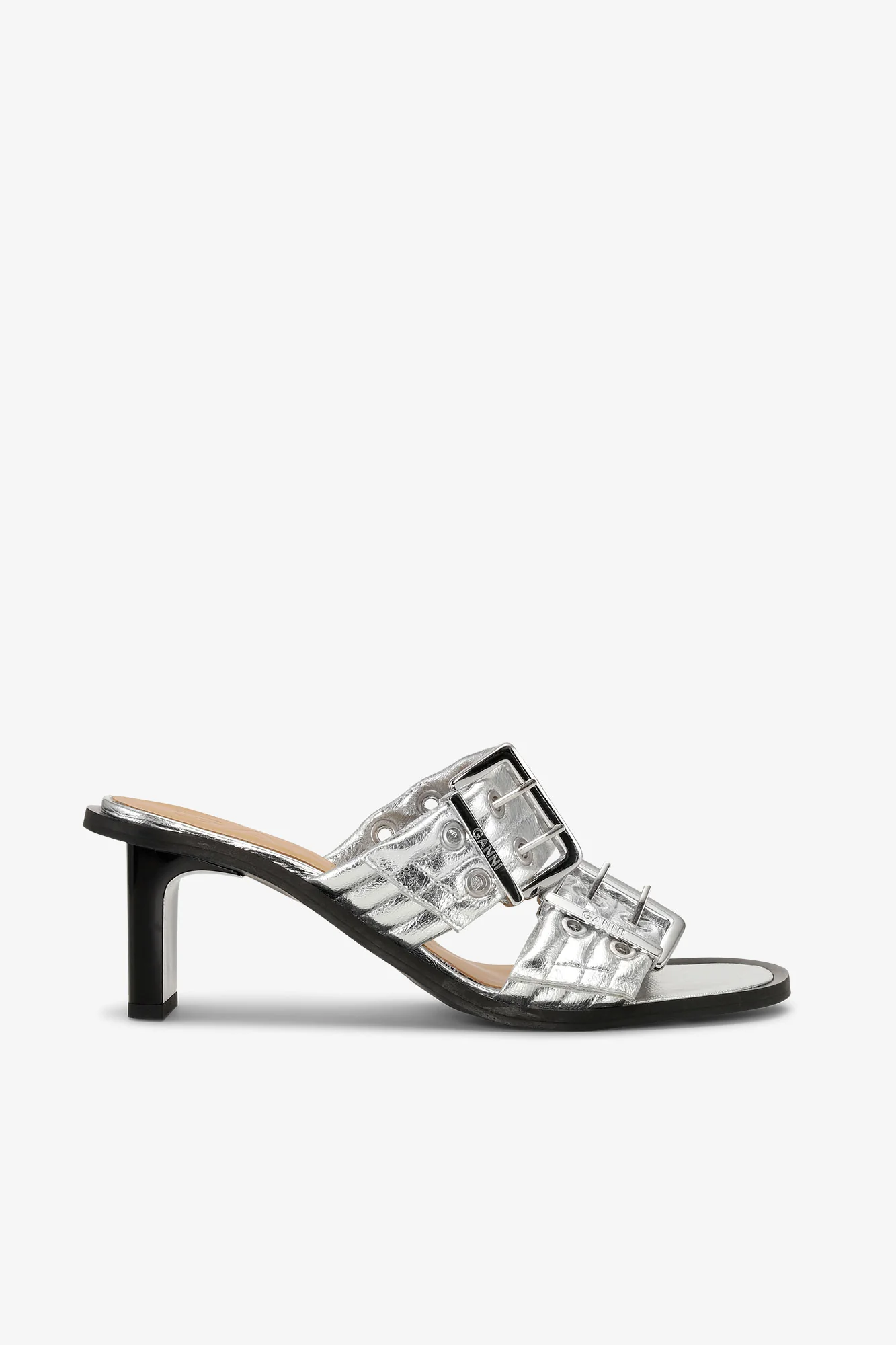 Metallic Feminine Buckle Heeled Mule Sandales | Silver