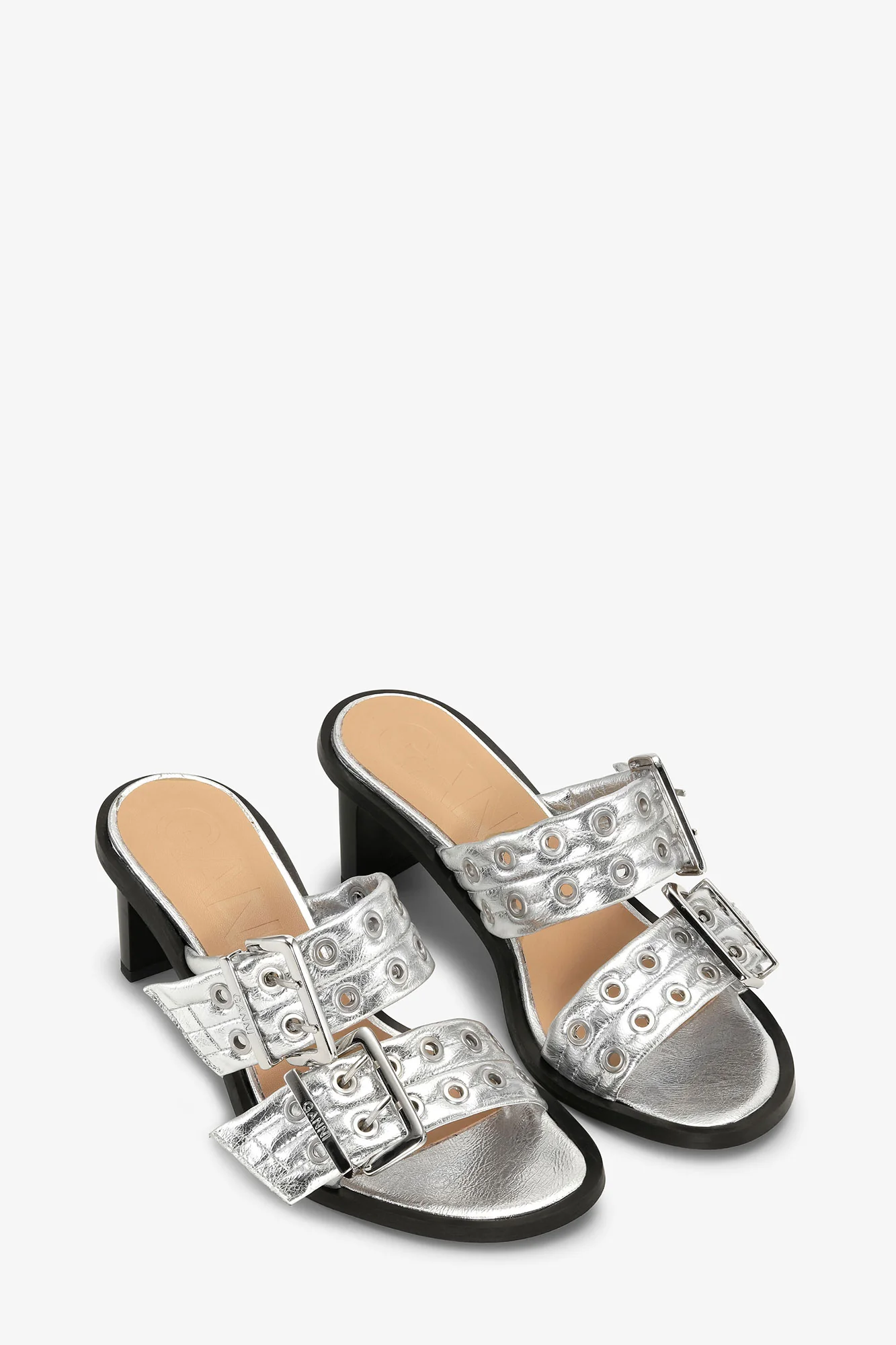 Metallic Feminine Buckle Heeled Mule Sandales | Silver - Image 2