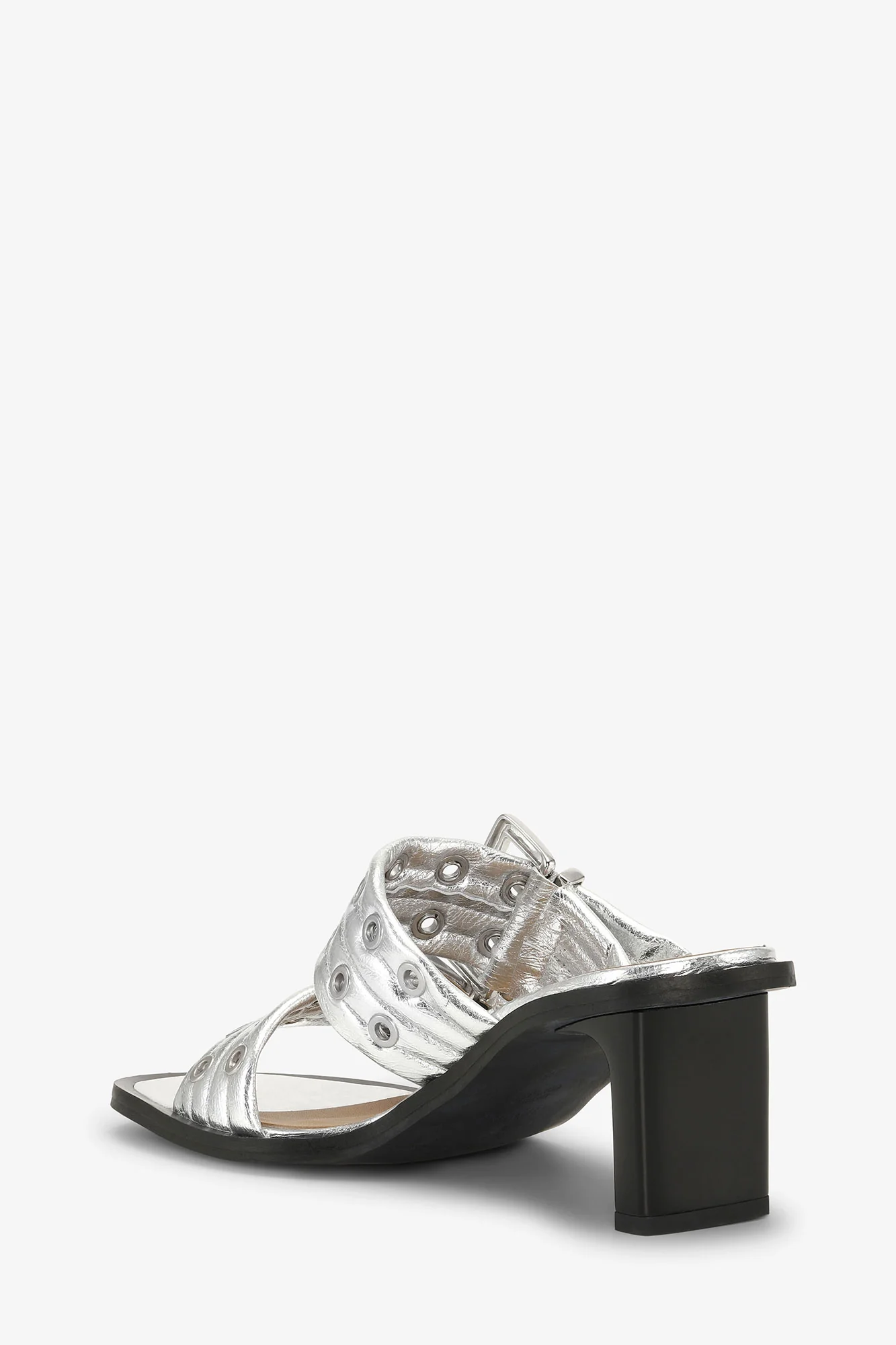 Metallic Feminine Buckle Heeled Mule Sandales | Silver - Image 3