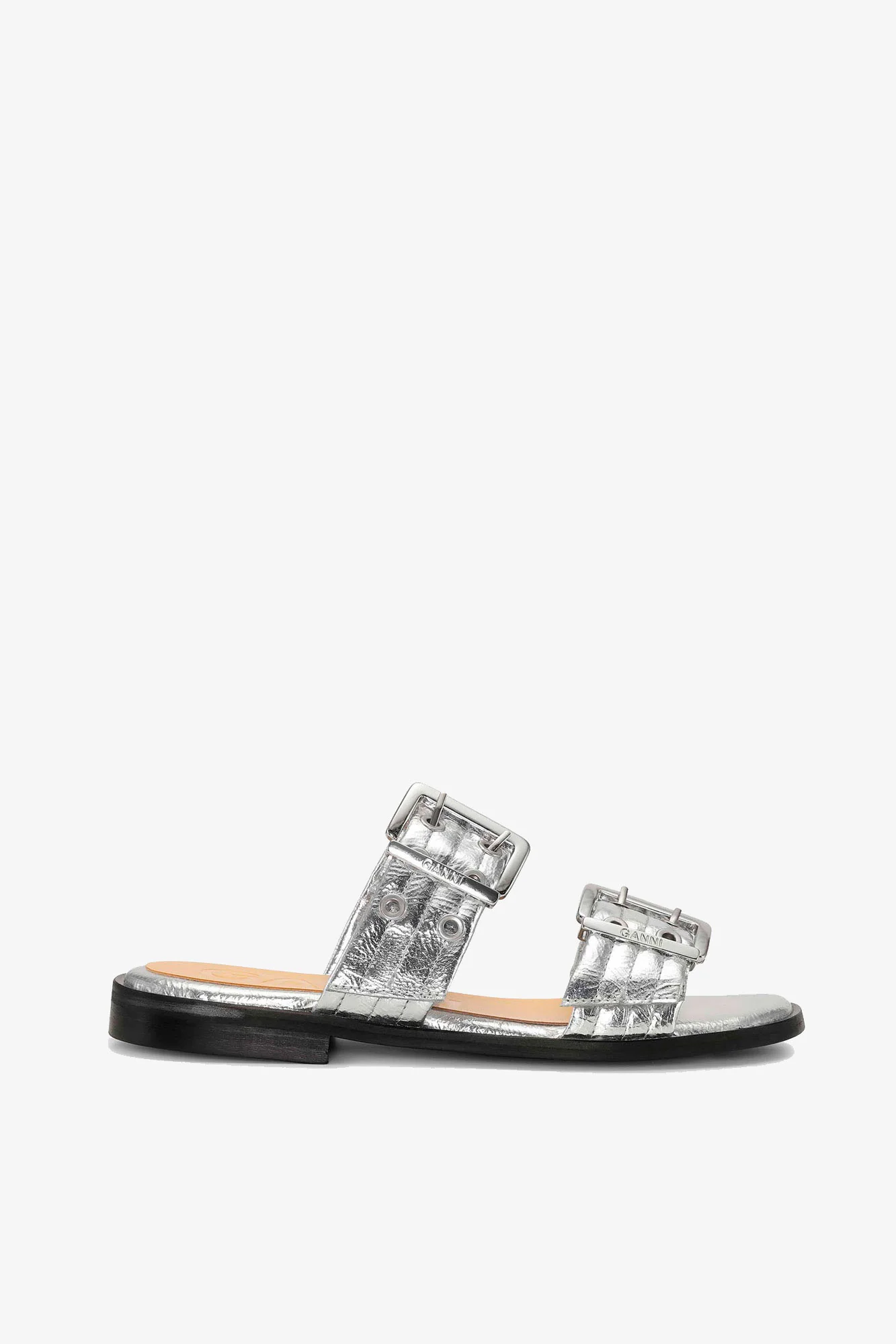 Metallic Feminine Buckle Two-Strap Sandals | Silver