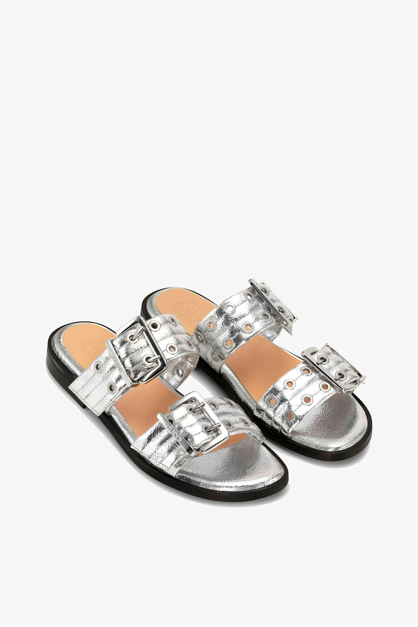 Metallic Feminine Buckle Two-Strap Sandals | Silver - Image 2
