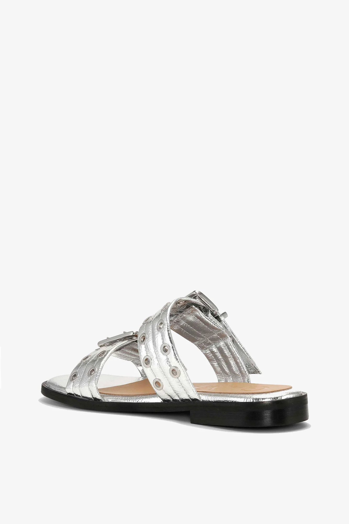 Metallic Feminine Buckle Two-Strap Sandals | Silver - Image 3