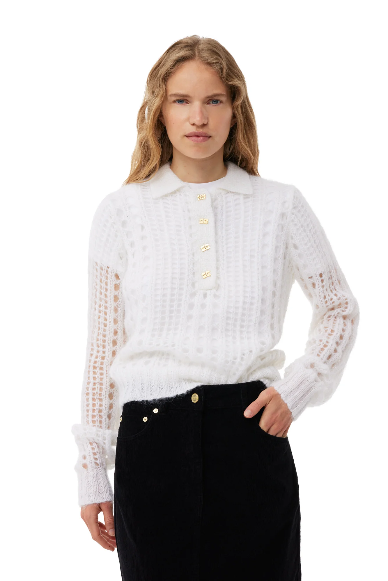 Mohair Lace Polo Sweater | Bright White