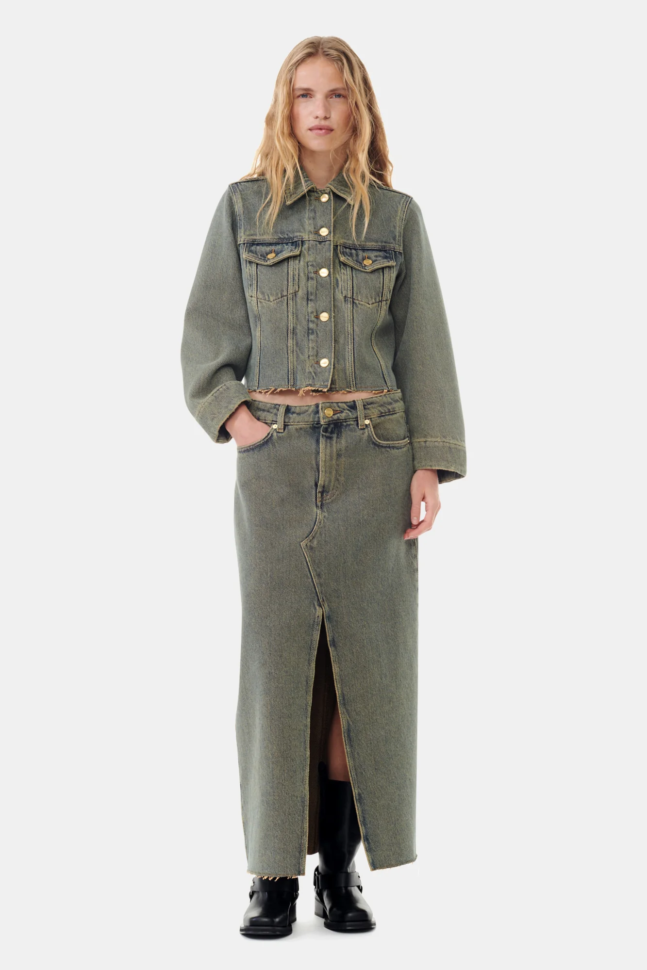 Overdyed Heavy Denim Maxi Skirt | Shitake - Image 3