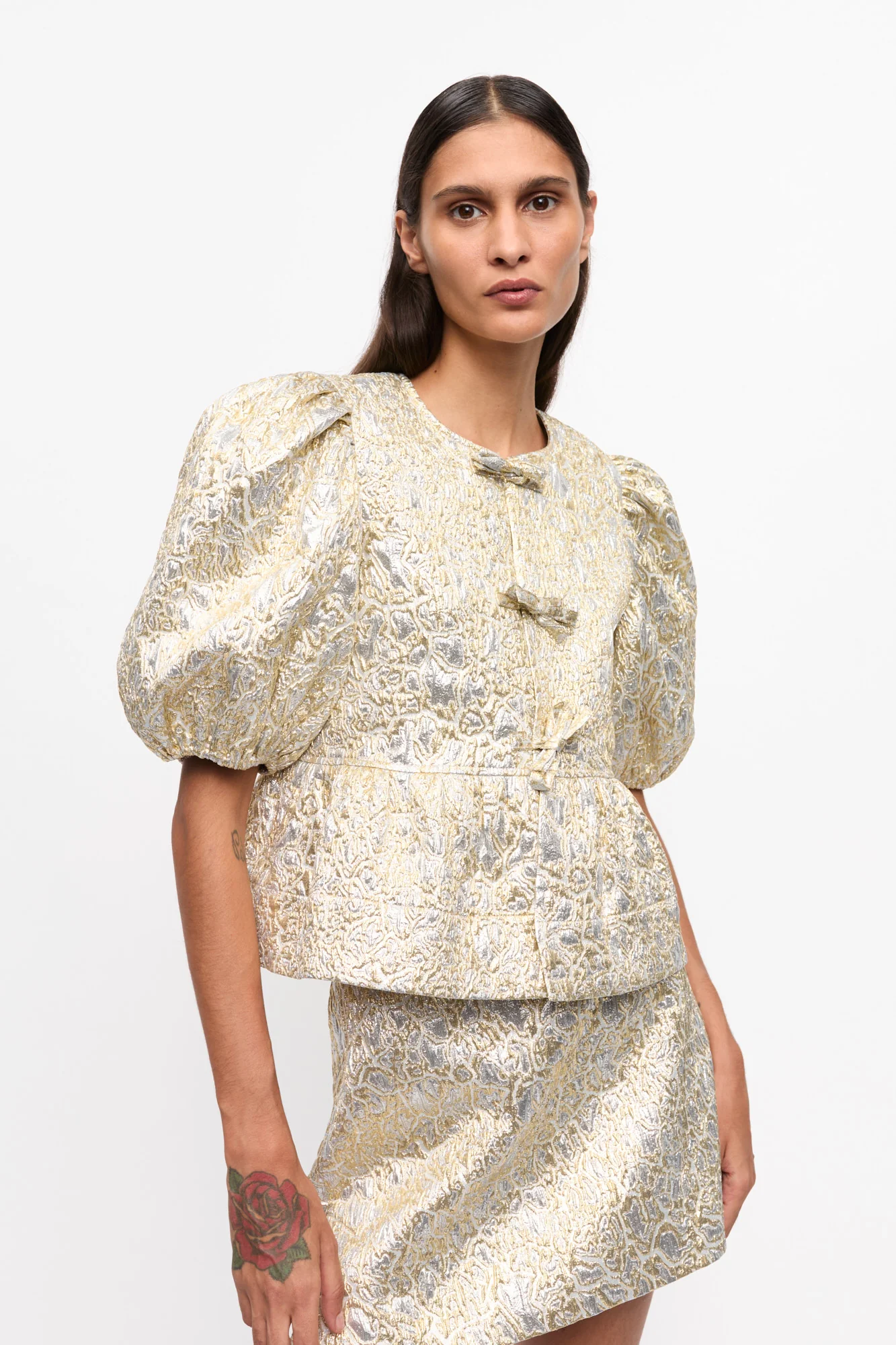 Peplum Tie String Blouse | Gold/Silver - Image 3