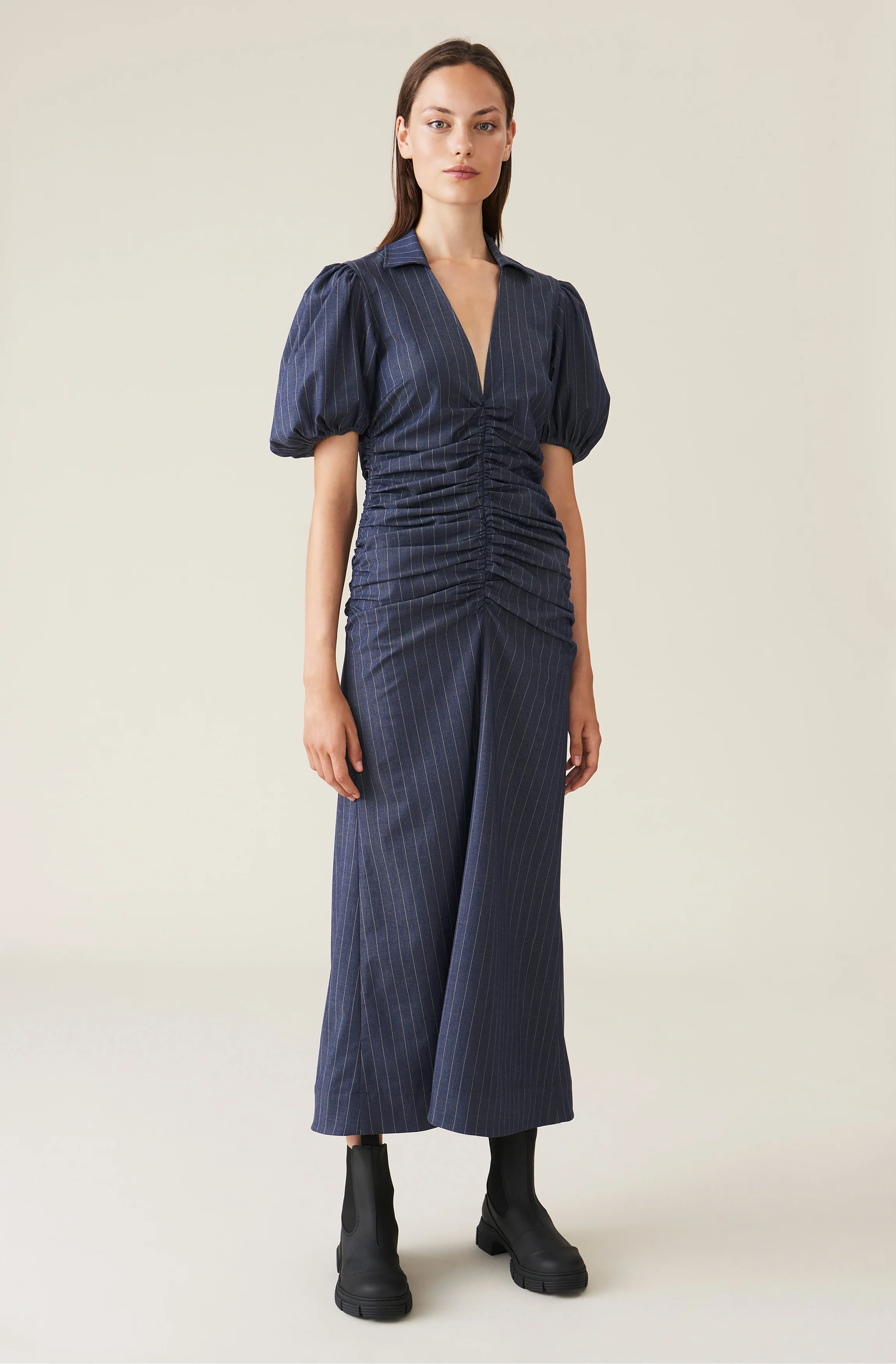 Pin-Stripe V-Neck Midi Dress | Dress Blues - Image 2