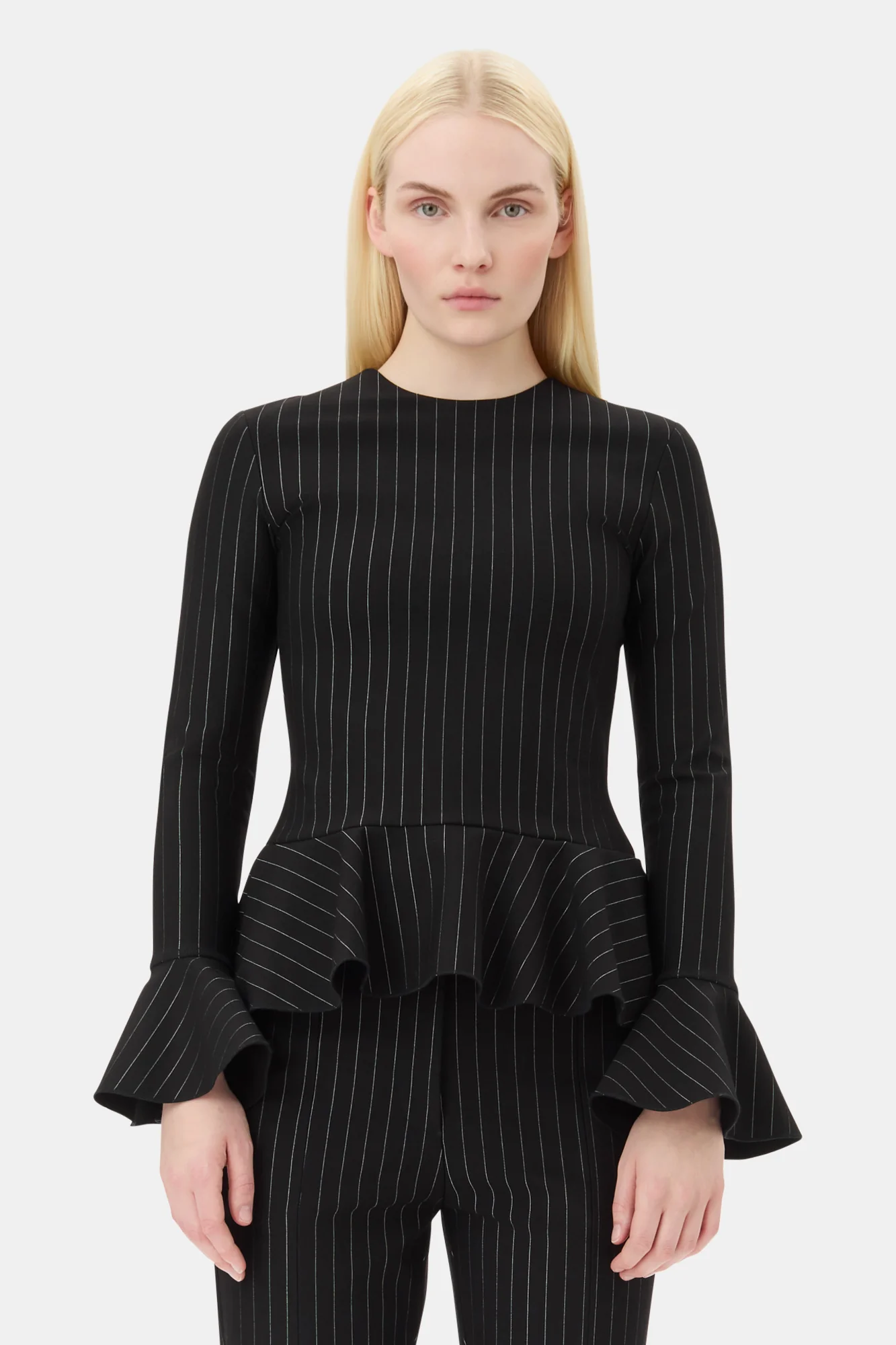 Pinstripe Peplum Blouse | Black - Image 3