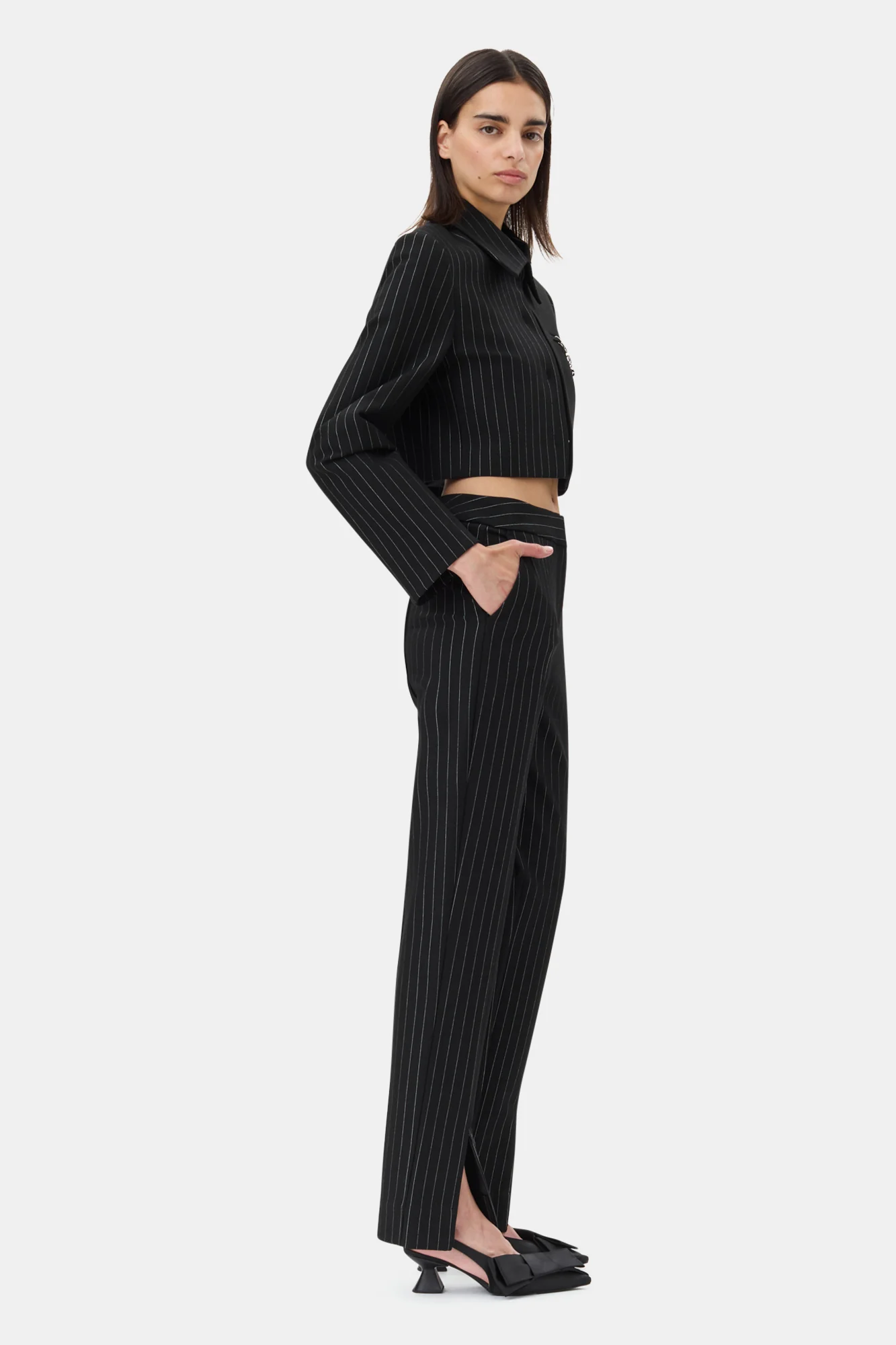 Pinstriped Cropped Blazer | Black - Image 5