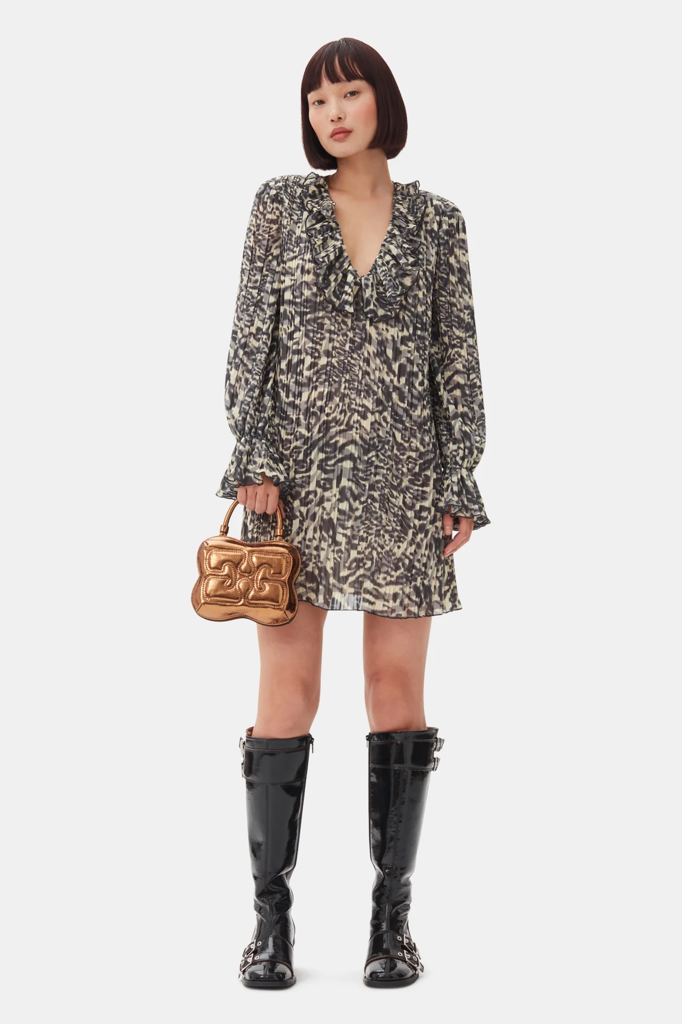 Pleated Georgette Flounce Neck Mini Dress | Lemon Icing - Image 3
