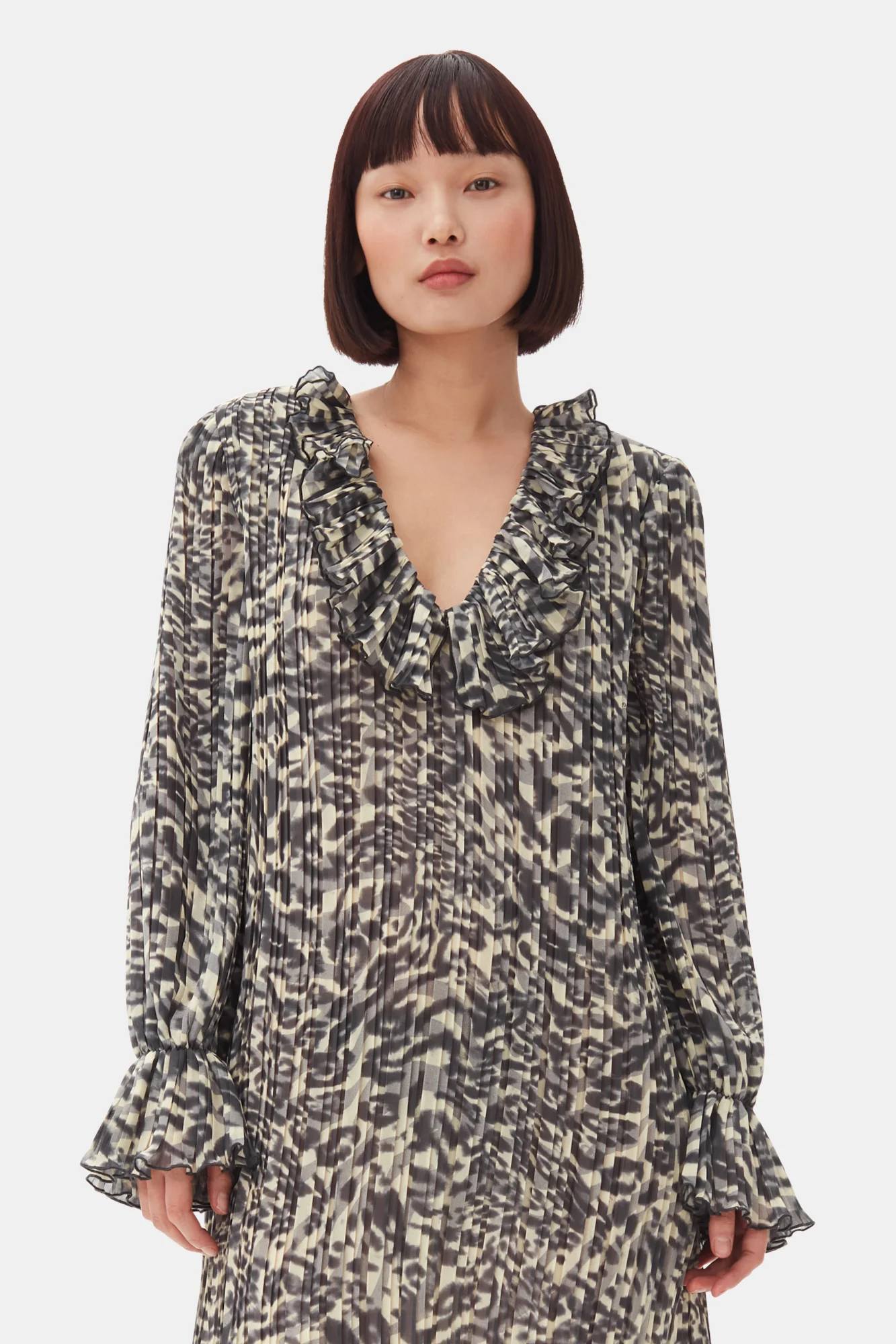 Pleated Georgette Flounce Neck Mini Dress | Lemon Icing - Image 4