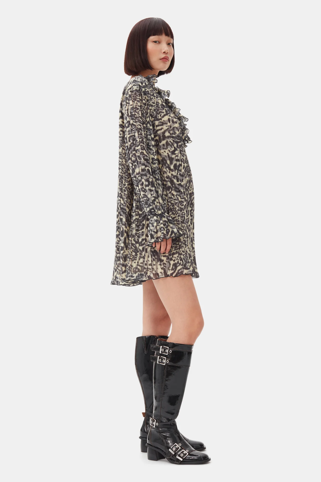 Pleated Georgette Flounce Neck Mini Dress | Lemon Icing - Image 5