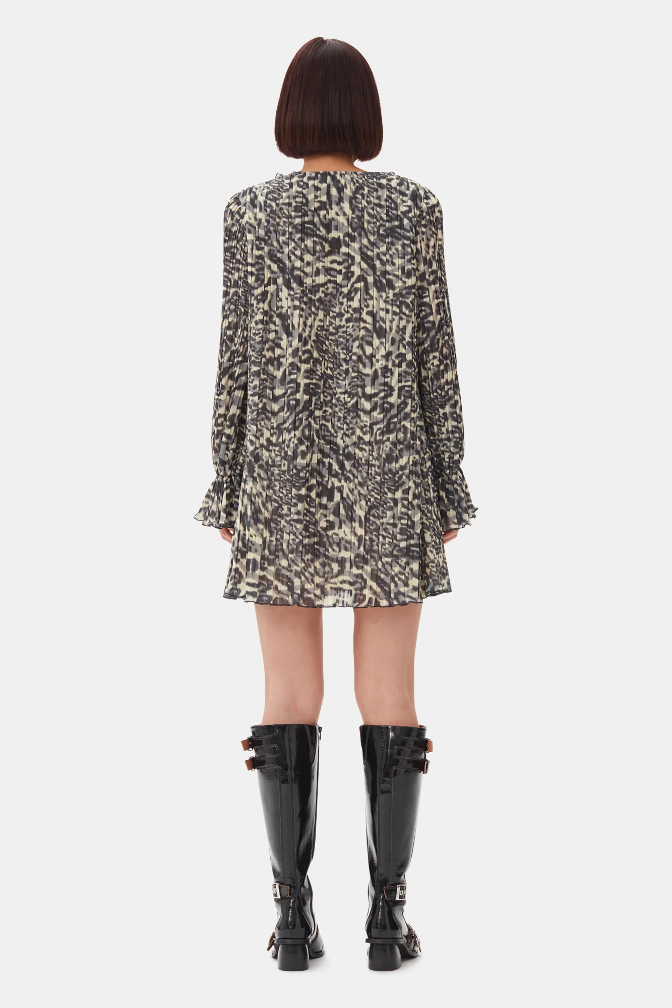 Pleated Georgette Flounce Neck Mini Dress | Lemon Icing - Image 6