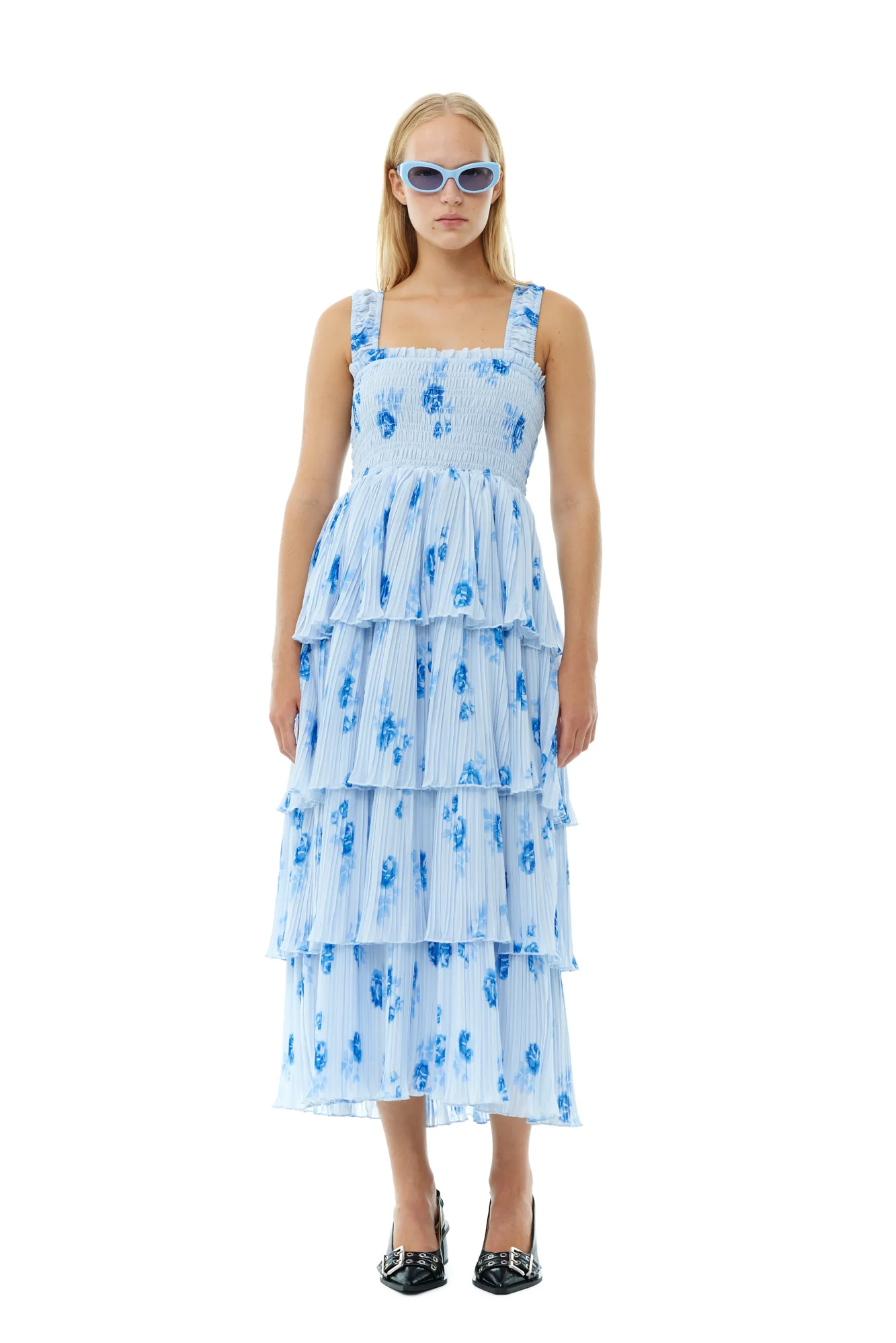 Pleated Georgette Flounce Smock Dress | Heather - Image 3