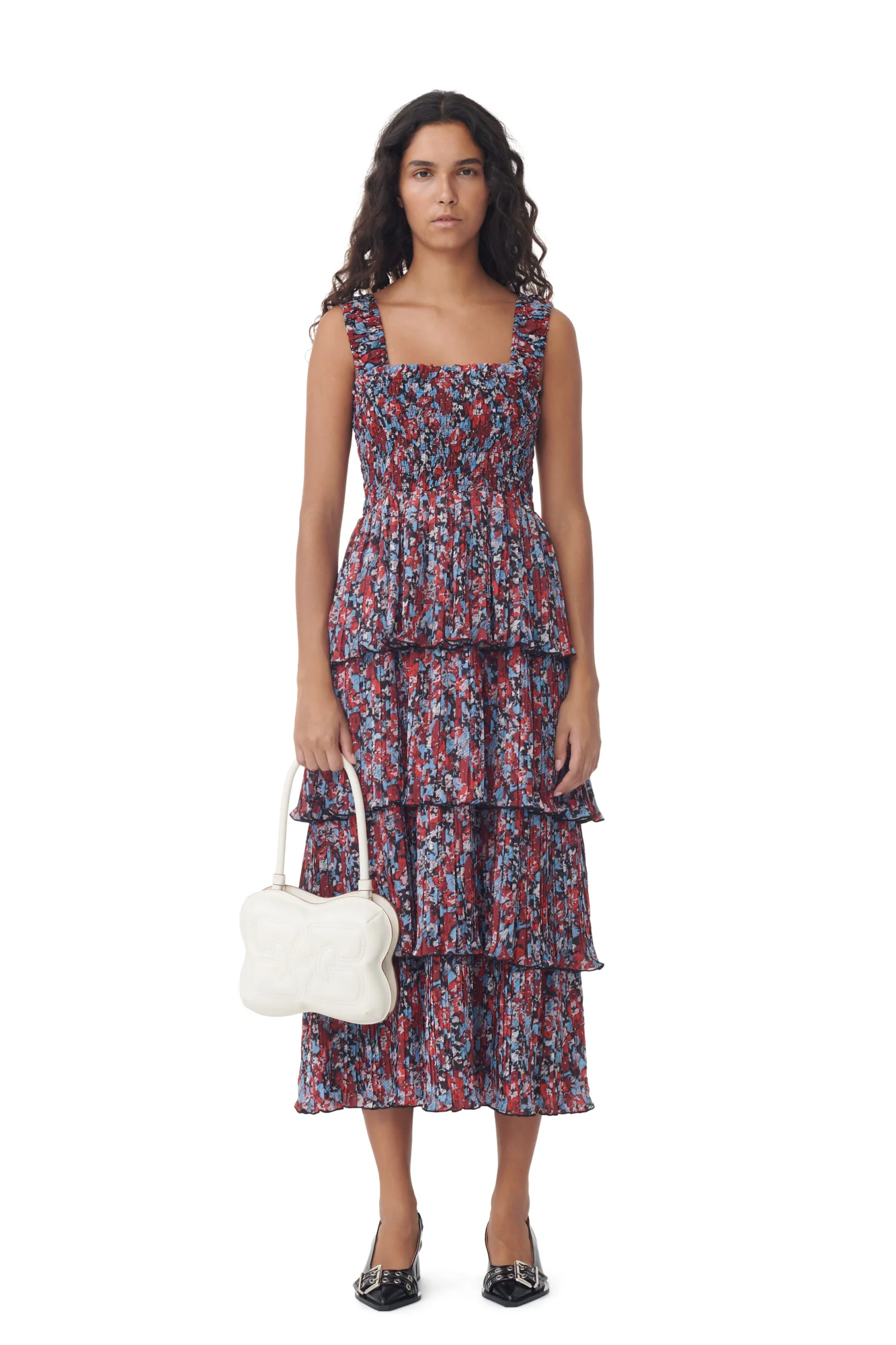 Pleated Georgette Flounce Smock Midi Dress | High Risk Red - Image 3