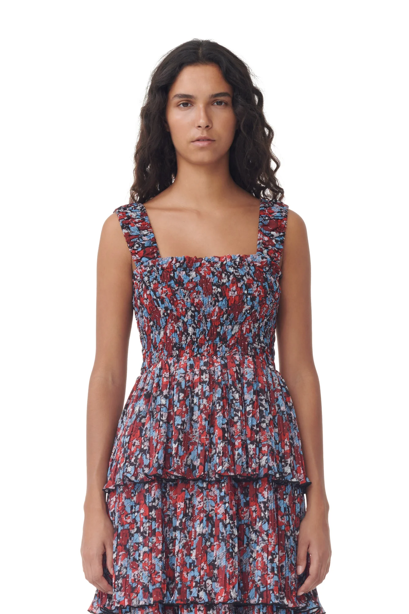 Pleated Georgette Flounce Smock Midi Dress | High Risk Red - Image 4