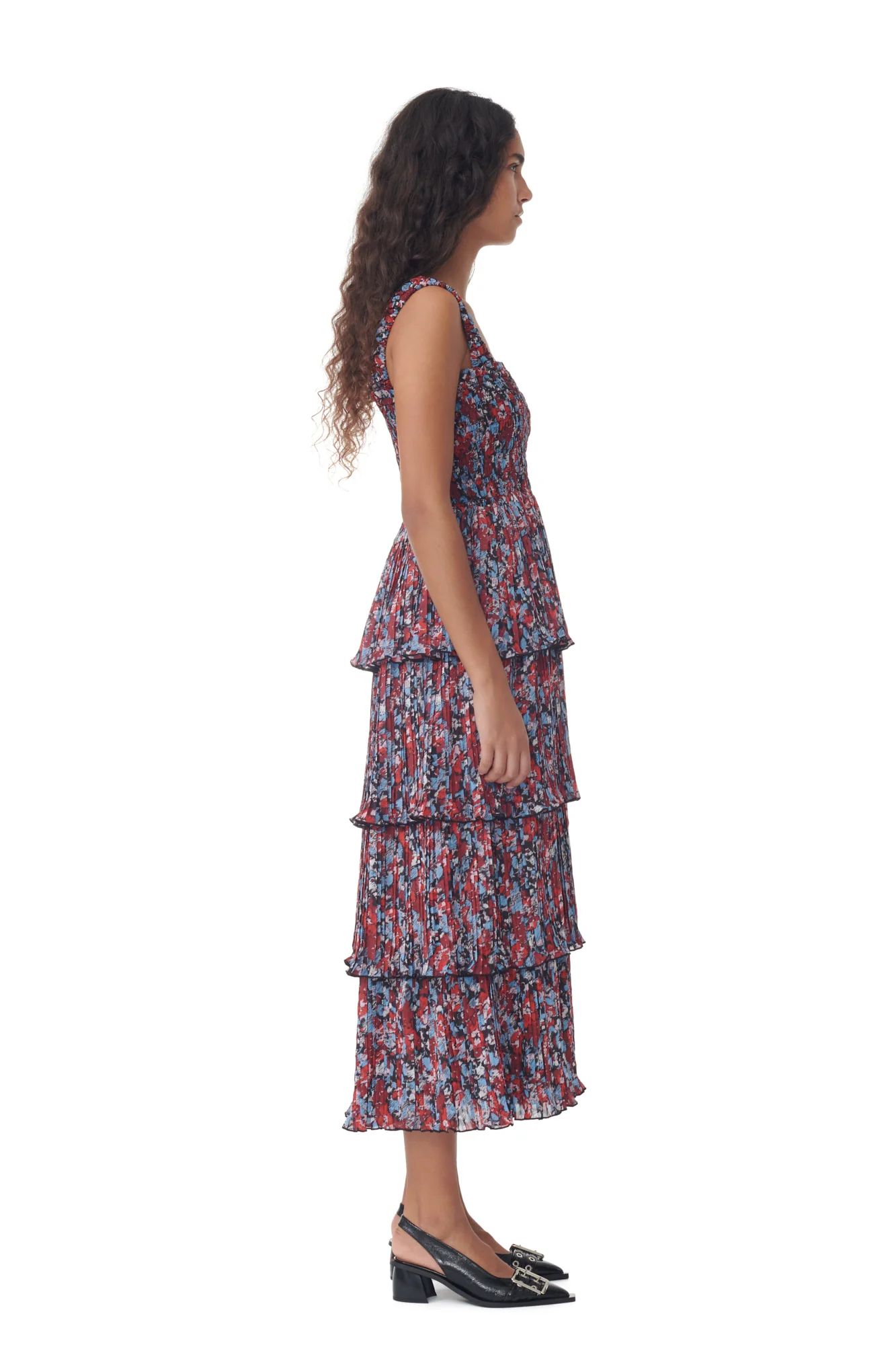 Pleated Georgette Flounce Smock Midi Dress | High Risk Red - Image 5