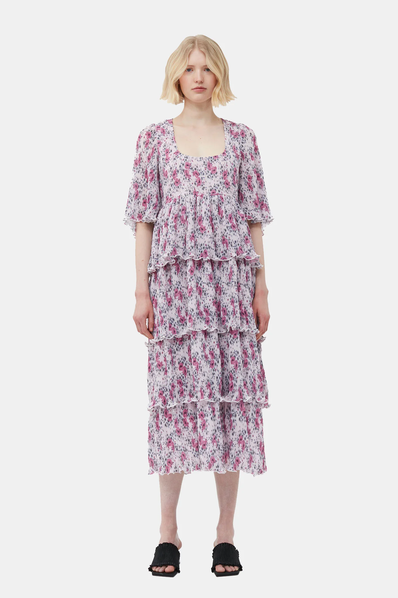 Pleated Georgette Flounce Smock Midi Dress | Mauve Chalk - Image 3