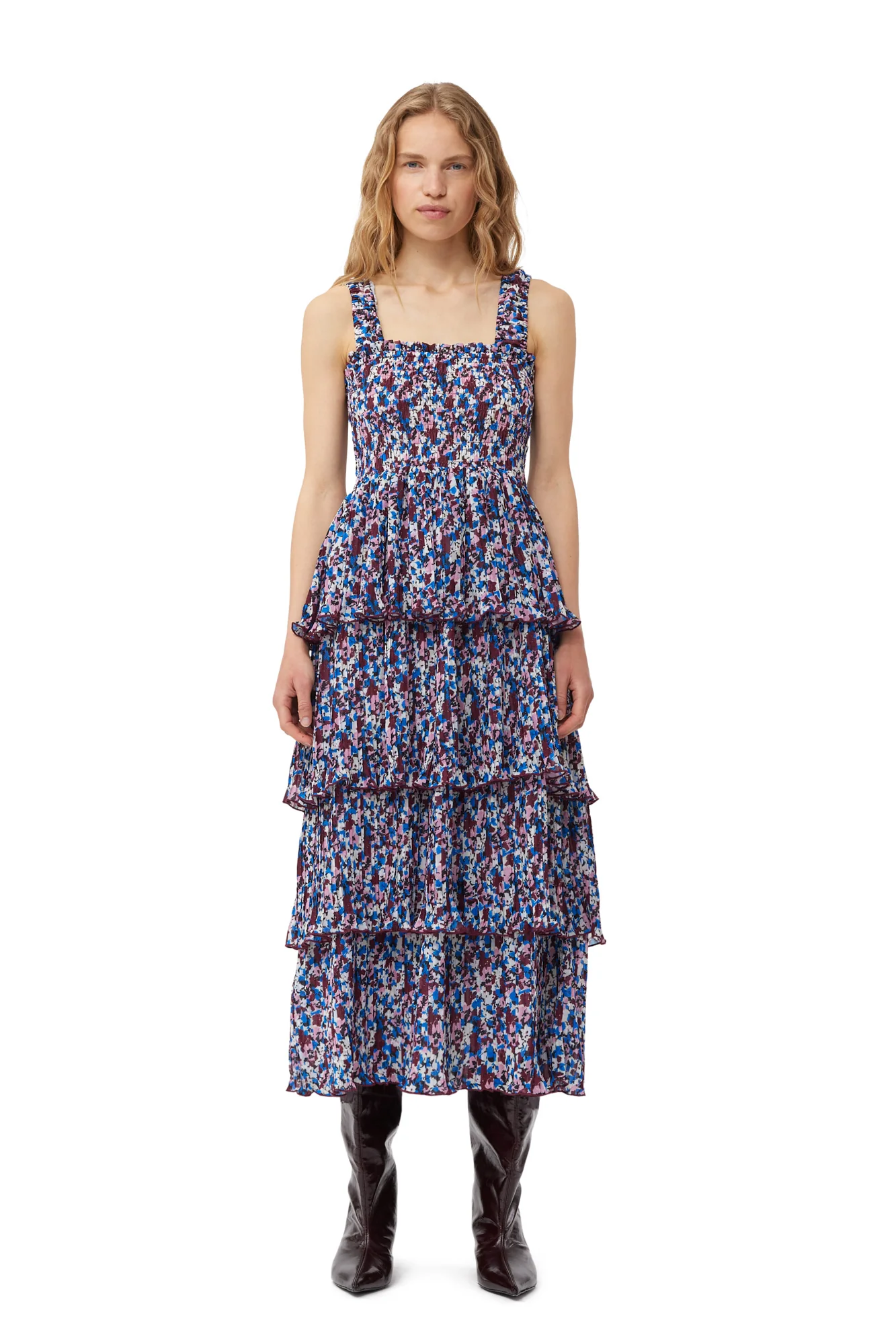 Pleated Georgette Flounce Smock Midi Dress | Multicolor - Image 3