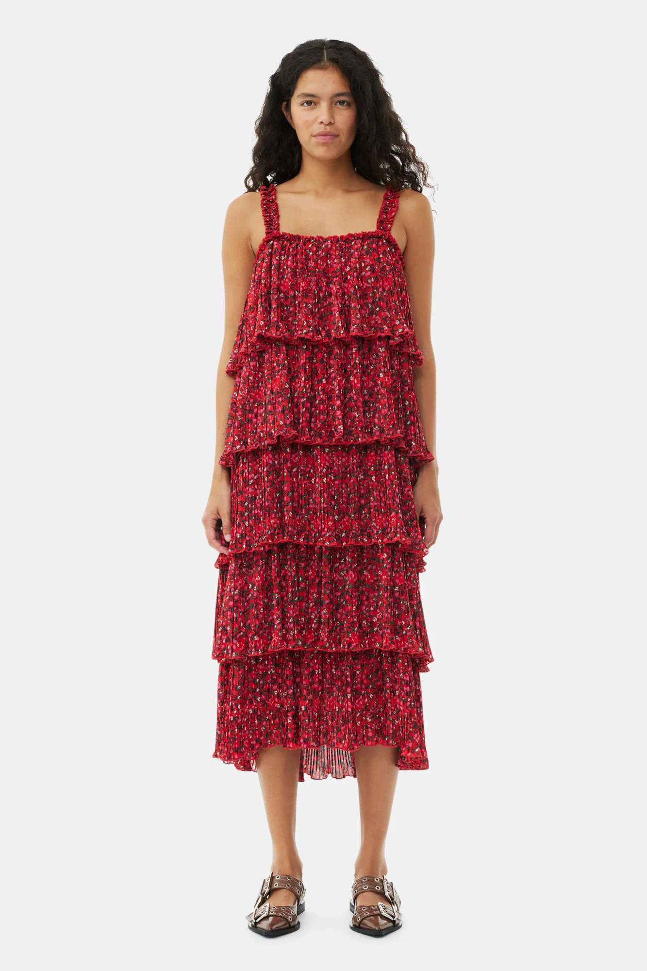 Pleated Georgette Flounce Strap Midi Dress | Racing Red