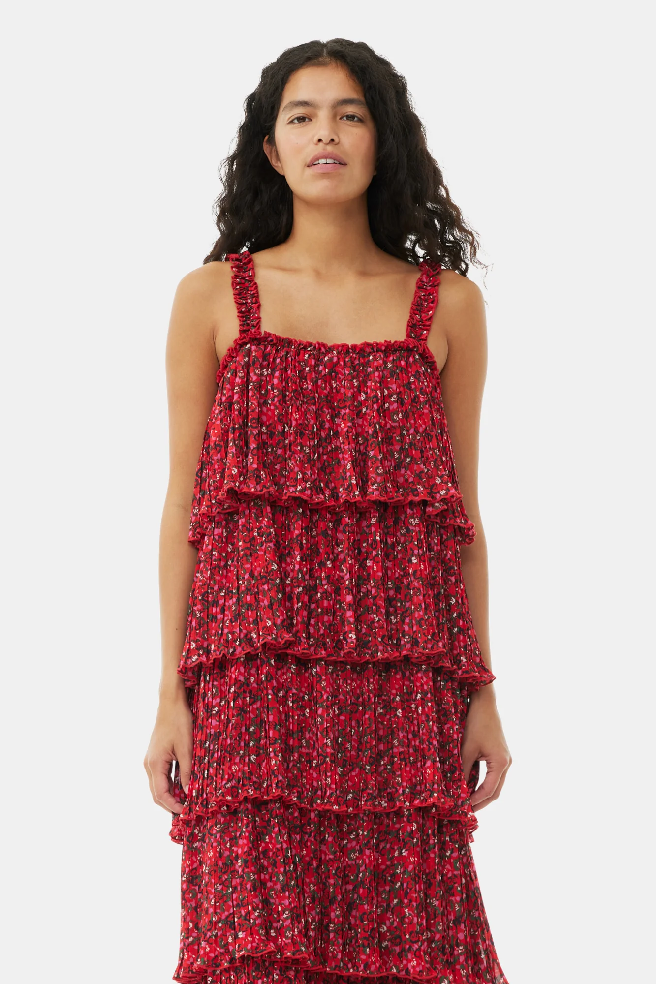 Pleated Georgette Flounce Strap Midi Dress | Racing Red - Image 2